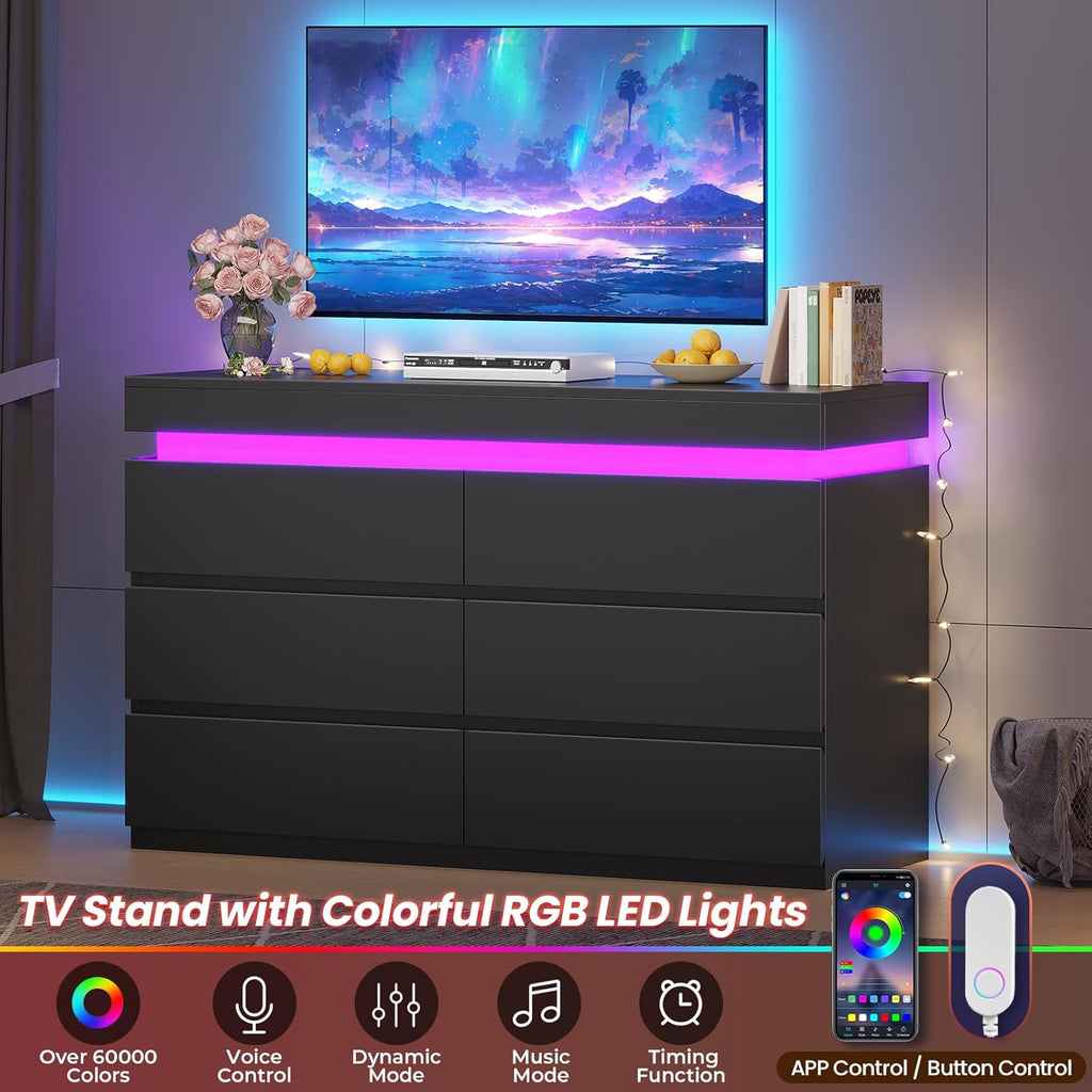 6 Drawer Dresser with LED Light, Black Modern Chest of Drawers for Bedroom,Closet Dressers with Drawers for Living Room, Entryway, Hallway