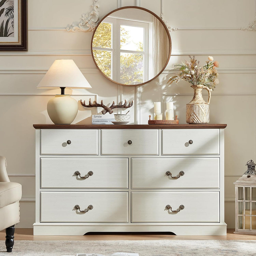 Farmhouse 7 Drawer Dresser for Bedroom,54" Wide Wood Rustic Chest of Drawers,Farmhouse Chest of Drawers for Bedroom,Wood Drawer Organizer for Living Room, Hallway,Bedroom,White