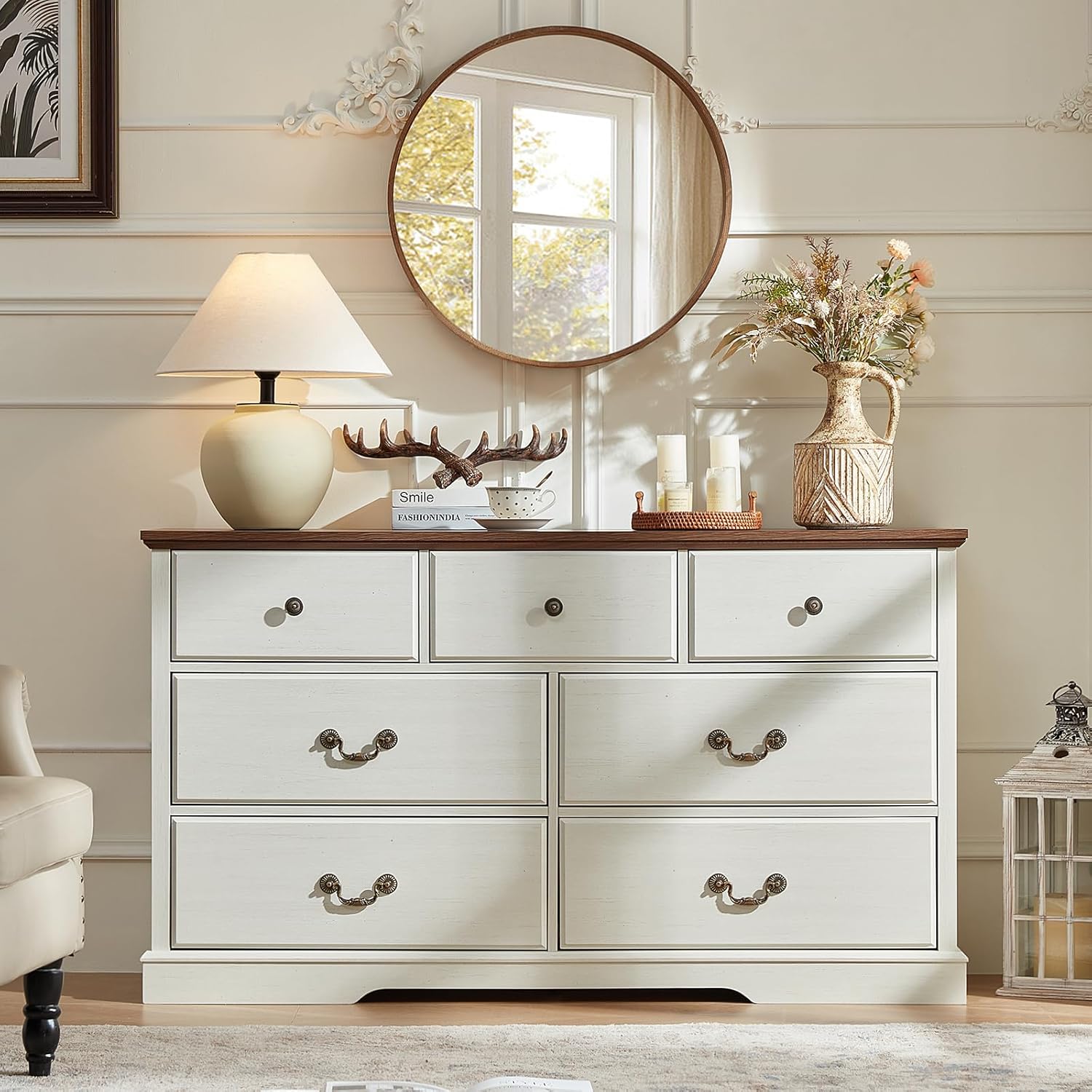 Farmhouse 7 Drawer Dresser for Bedroom,54" Wide Wood Rustic Chest of Drawers,Farmhouse Chest of Drawers for Bedroom,Wood Drawer Organizer for Living Room, Hallway,Bedroom,White