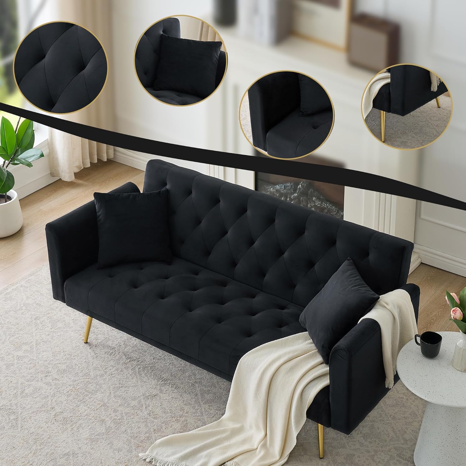 Anwick 72" Modern Velvet Sofa Bed Futon,Convertible Folding Sleeper Bed Couches with 3 Adjustable Backrests,Tufted Recliner Loveseat with Golden Chrome Legs for Small Living Room Office (Black)