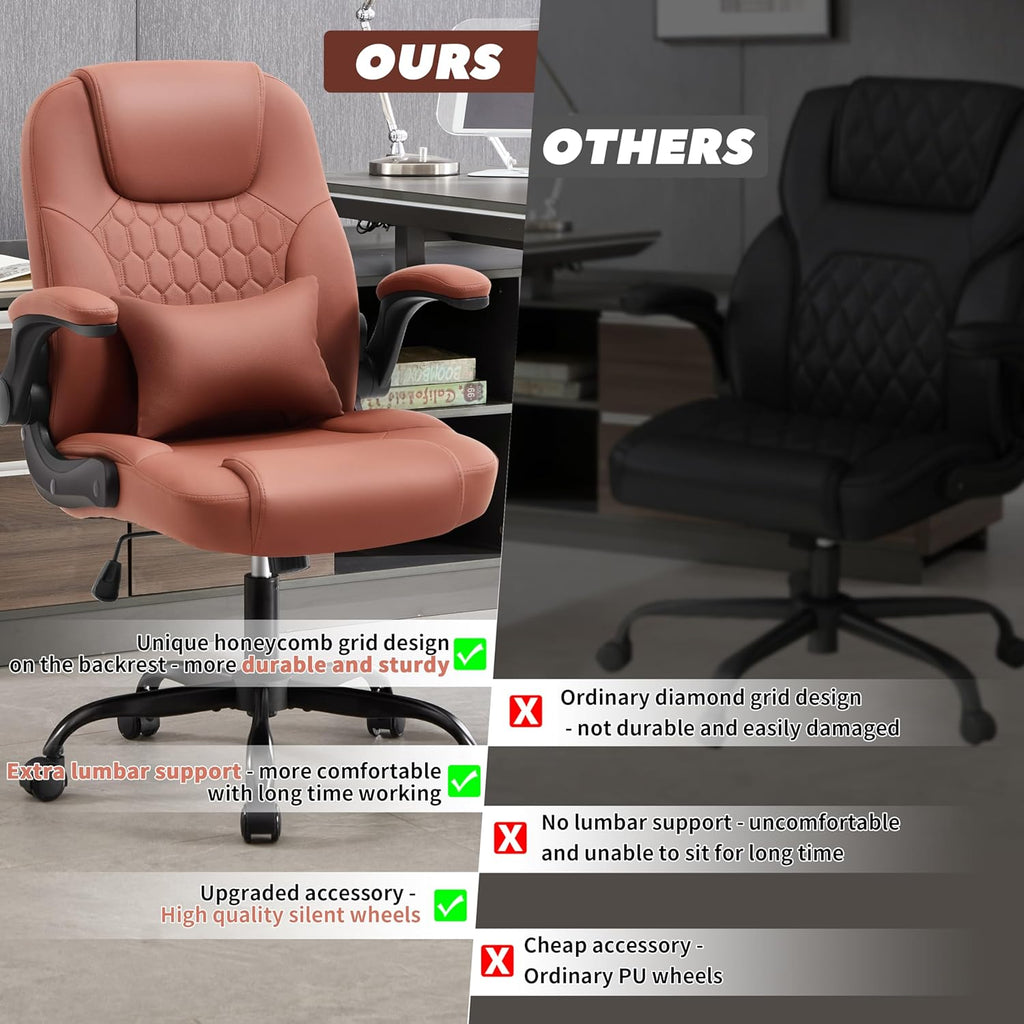 Executive Office Chair PU,Leather Office Chair with Wheels,360° Swivel Rolling Chair with Padded Arms,Ergonomic Computer Chair with Lumbar Support for Short People Use(Brown)