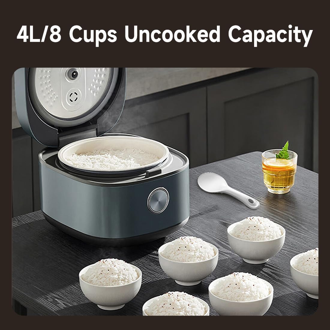 Midea 8 Cups Uncooked Rice Cooker, Non-stick Ceramic Rice Cooker with Celadon Coated Inner Pot, 15 Smart Cooking Programs, 4L, MRD401T2BMB