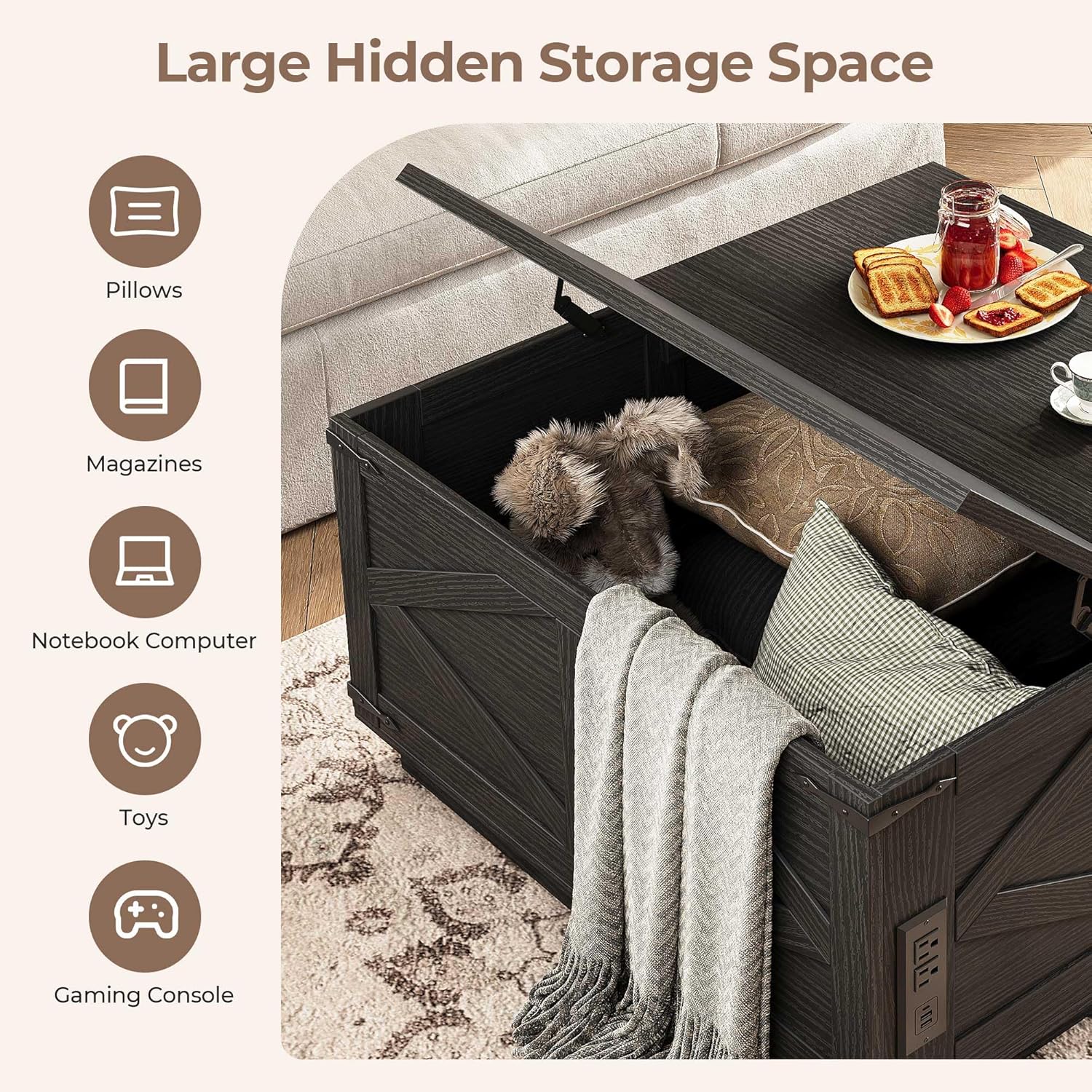 Jocoevol Farmhouse Lift Top Coffee Table, Square Wood Center Table with LED Lighting, USB-C Charging Station, and Hidden Storage Compartment - Rustic Black Living Room Furniture