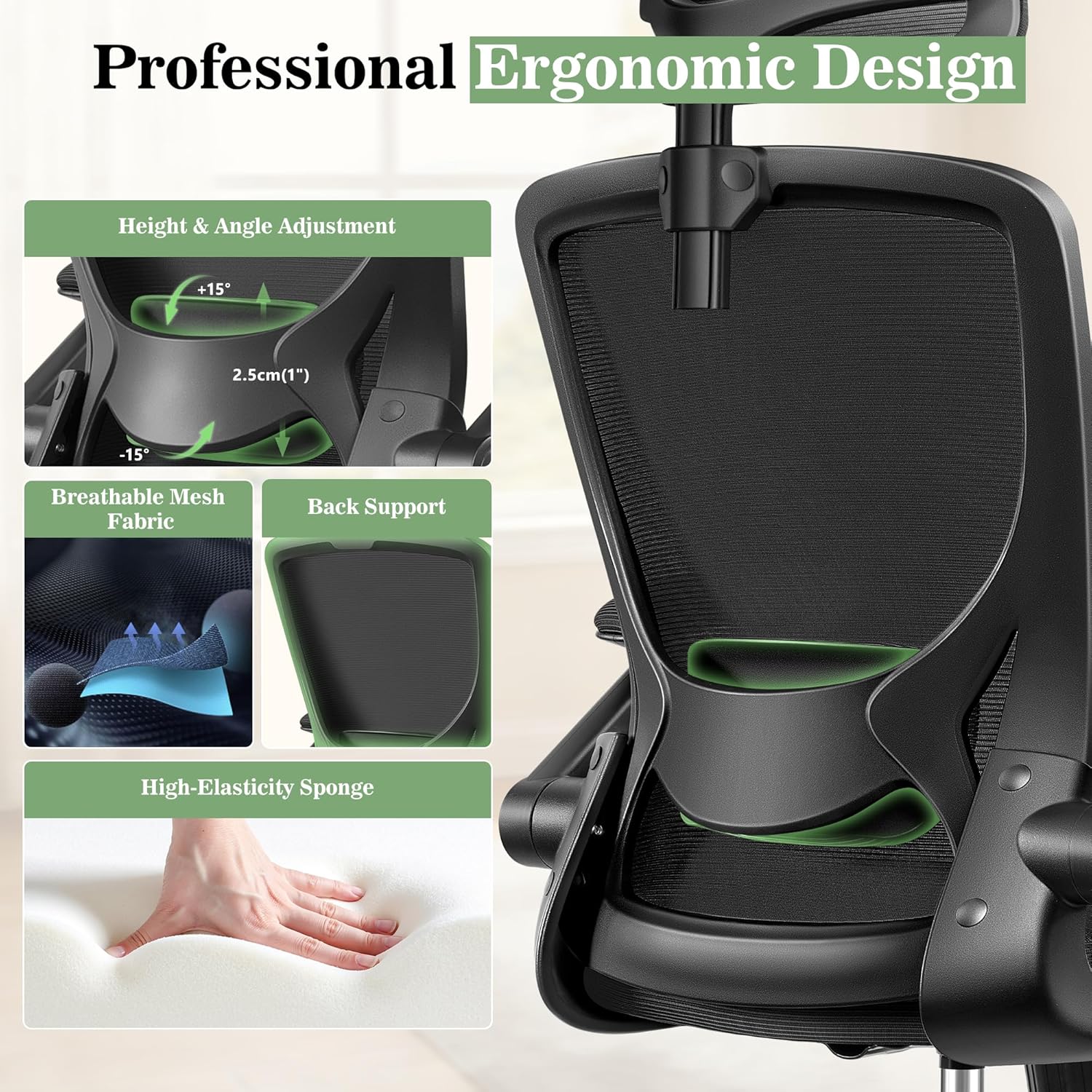 BESTFAIR Office Chair Ergonomic Desk Chair, Breathable Mesh Office Chairs with Adjustable Lumbar Support, Flip-Up Arms, Computer Desk Chair Comfy for Home Office, Black