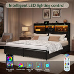 LARMACE King Size Bed Frame with 6 Storage Drawers and Headboard Wooden Platform Bed Frame with LED Lights and Charging Station Easy Assembly/No Box Spring Needed/Black
