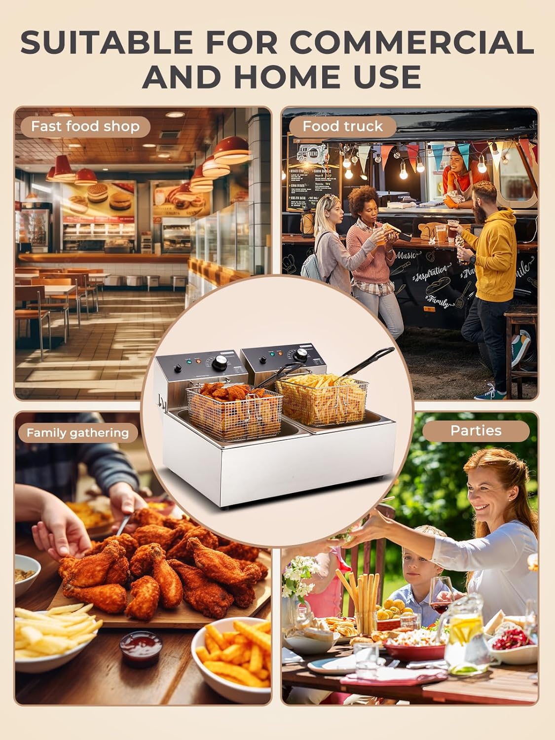 HOUSNAT Commercial Deep Fryer with Basket, 3400W 20.7QT/19.6L Electric Deep Fryer with 2 x 6.35 QT Removable Baskets, Stainless Steel Countertop Fryer for Restaurant or Home Use