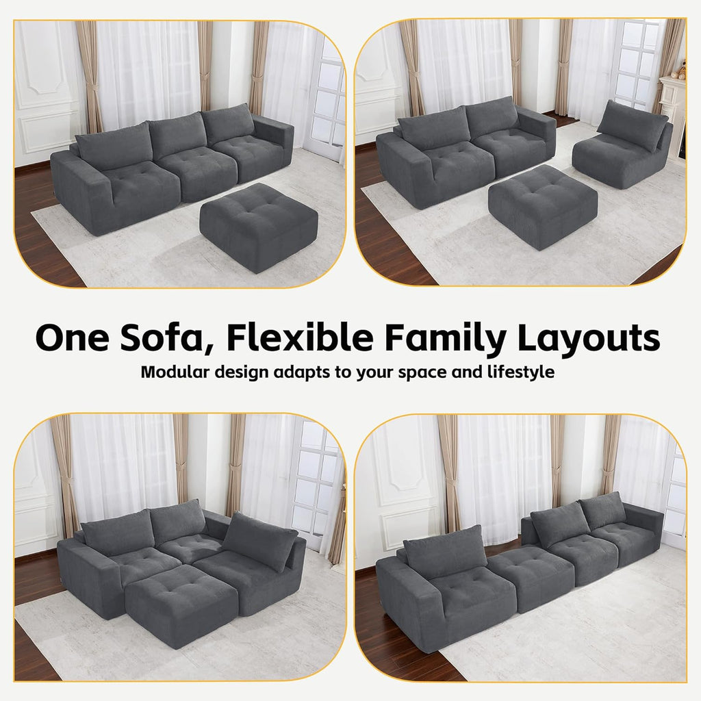 MCombo 121" Modular Sofa Couch, No Assembly Required, L Shaped Compressed Sectional Sofa with Ottoman, Deep Seat Upholstered Boneless Couch for Living Room, SS378 (Dark Grey)