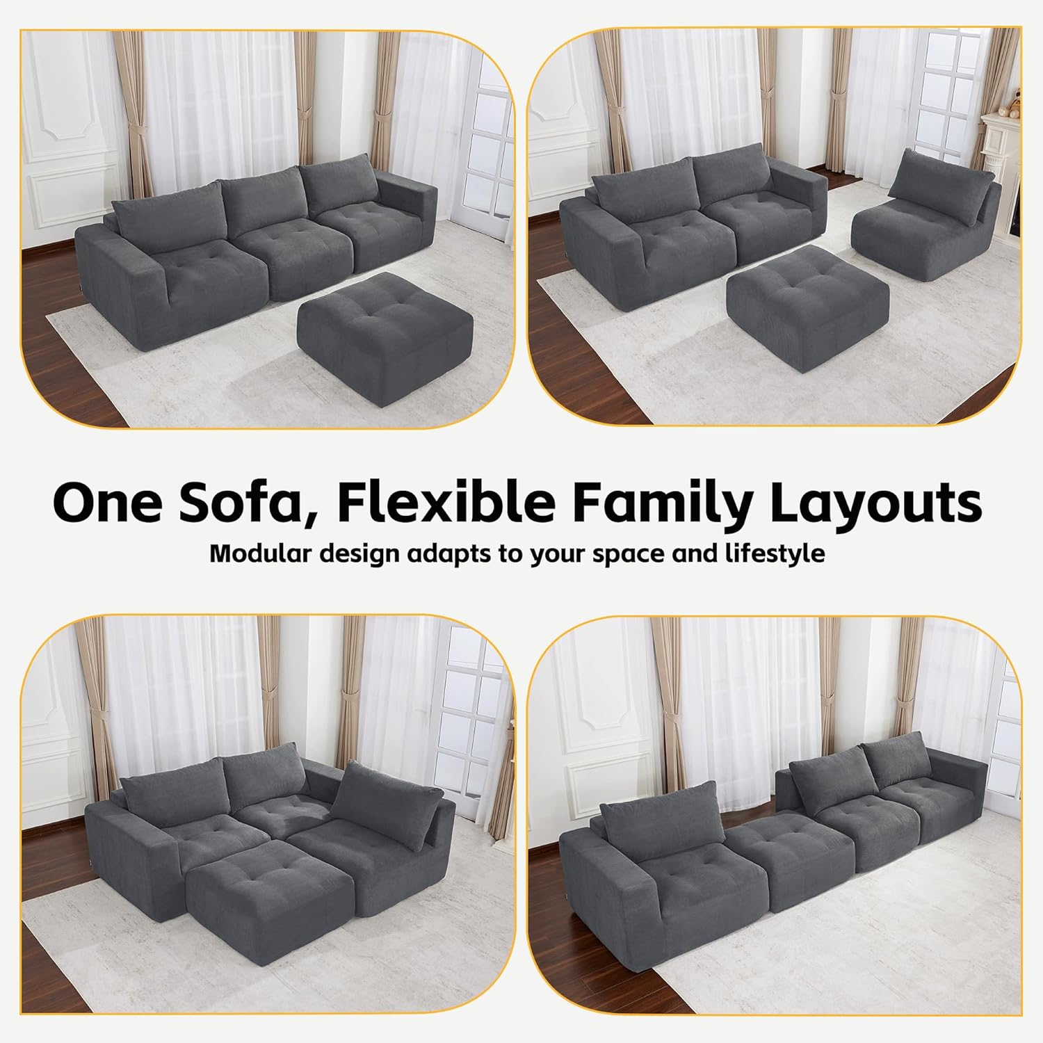 MCombo 121" Modular Sofa Couch, No Assembly Required, L Shaped Compressed Sectional Sofa with Ottoman, Deep Seat Upholstered Boneless Couch for Living Room, SS378 (Dark Grey)