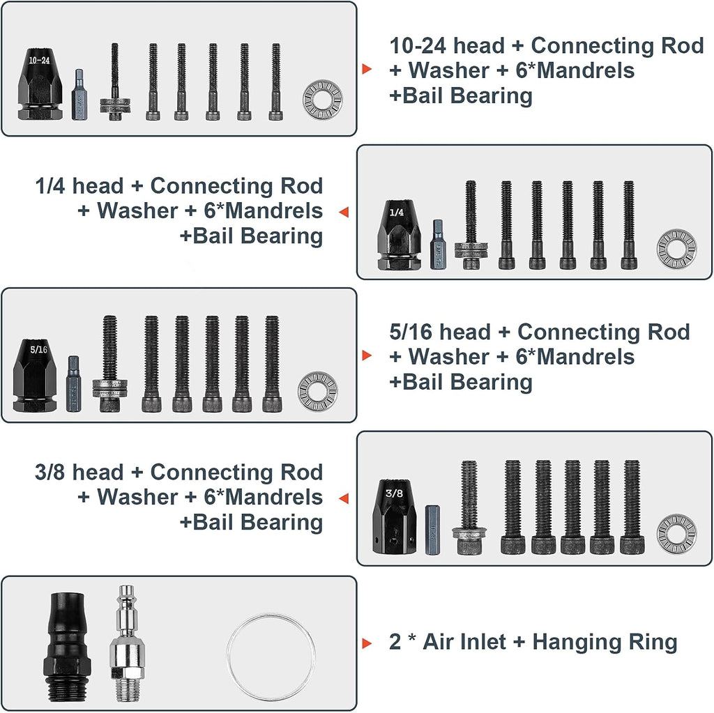 Clatoon Pneumatic Rivet Nut Gun with 10-24 & 1/4 & 5/16 & 3/8 Self-Locking Head, Adjustable Speed Air Rivet Gun, Air Rivet Nut Tool Kit with 4 Size Quick-Change, 6pcs Mandrels Included with Each Size