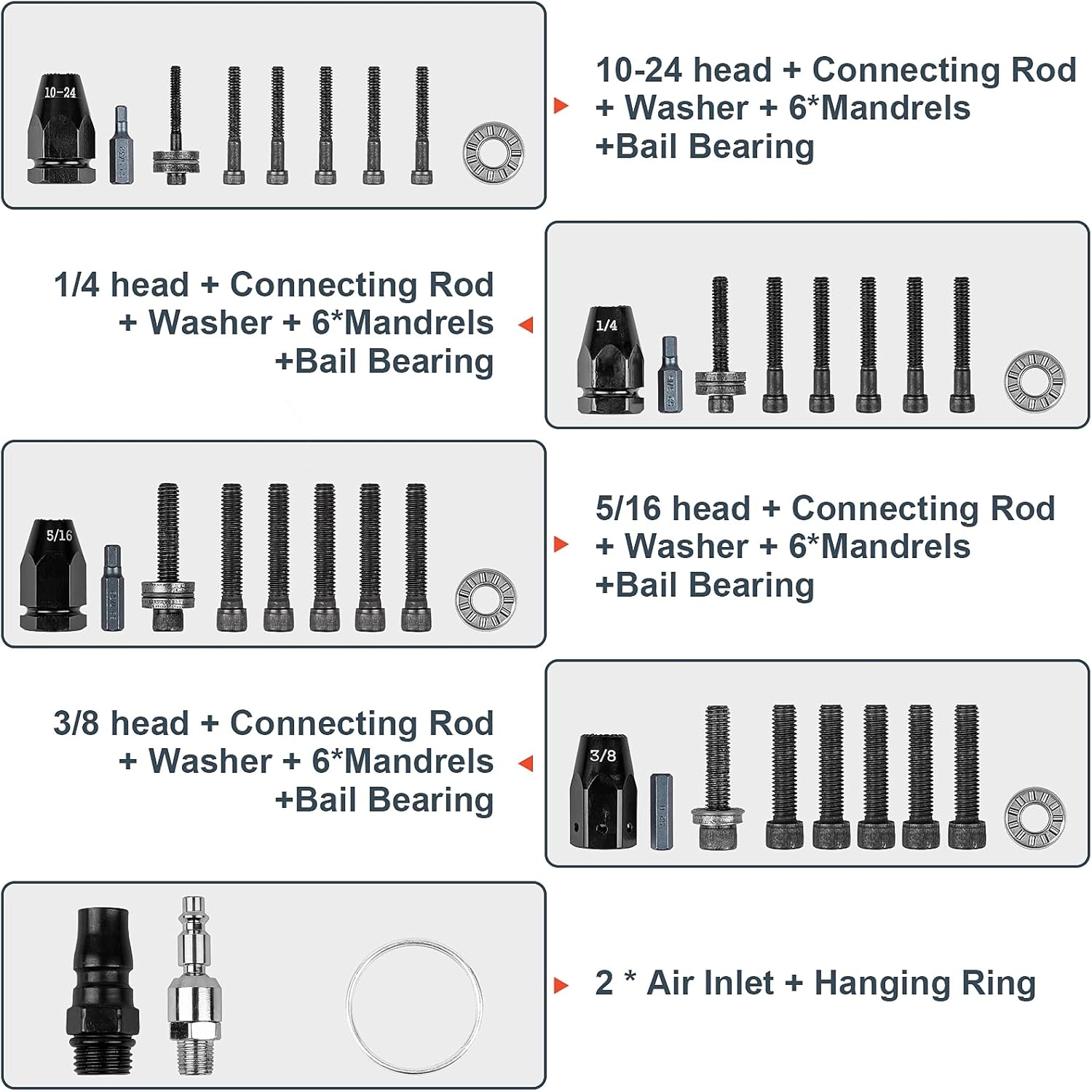 Clatoon Pneumatic Rivet Nut Gun with 10-24 & 1/4 & 5/16 & 3/8 Self-Locking Head, Adjustable Speed Air Rivet Gun, Air Rivet Nut Tool Kit with 4 Size Quick-Change, 6pcs Mandrels Included with Each Size
