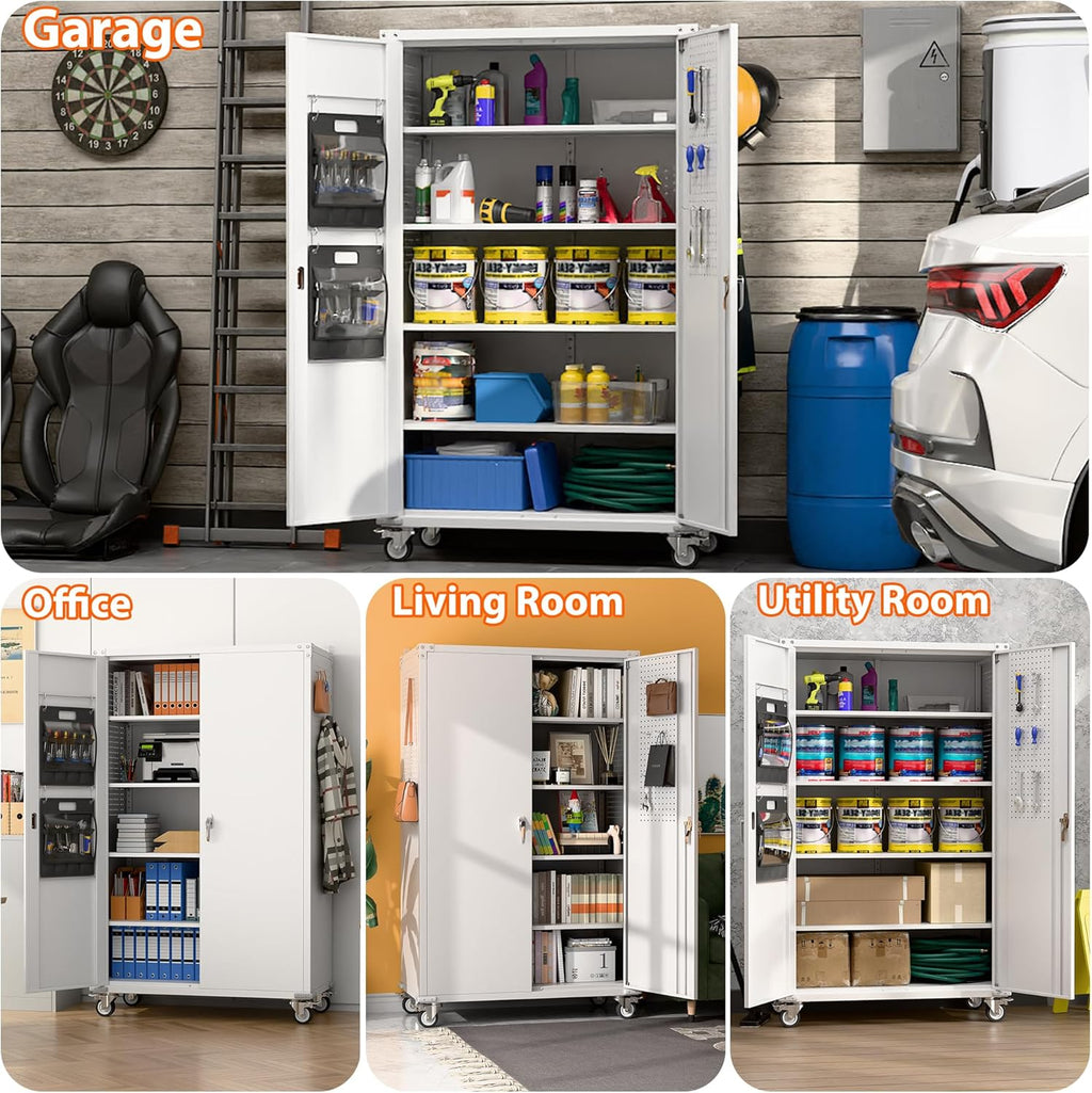 Aobabo Extra Large Garage Storage Cabinet on Wheels, Metal Storage Cabinets with 4 Adjustable Shelves, 3 Pegboards and 2 Tool Pouches for Home Office Stash, Assembly Required