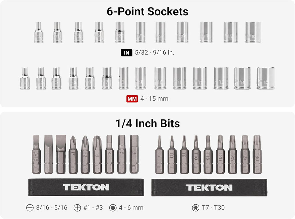 TEKTON 1/4 Inch Drive 6-Point Small Engine Shallow Socket, Bit, and Quick-Release Ratchet Set with Case (50-Piece) | SKT07902