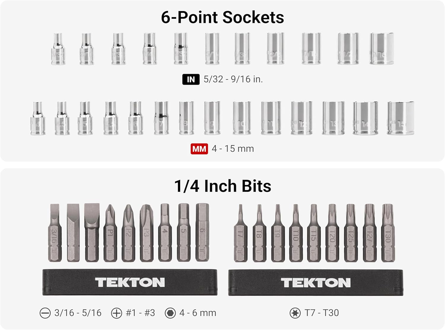 TEKTON 1/4 Inch Drive 6-Point Small Engine Shallow Socket, Bit, and Quick-Release Ratchet Set with Case (50-Piece) | SKT07902