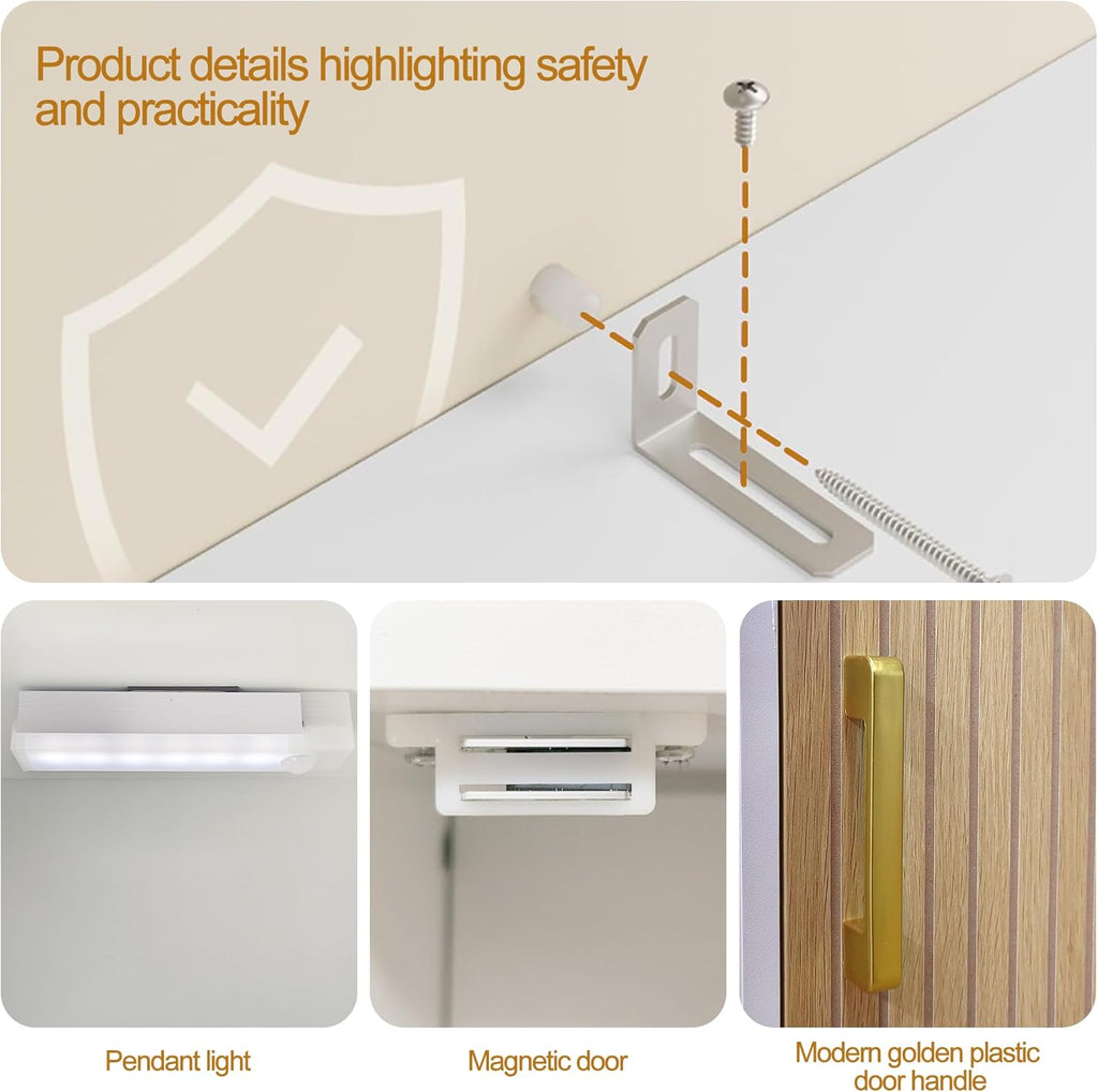 Tall Storage Cabinet, 13.15 Inch Narrow Bathroom Cabinet with USB Magnetic Light, Open Shelf, Magnetic Doors, 2 Adjustable Shelves, Anti-Tip Kit for Small Spaces, Living Room, White, 57.1" H