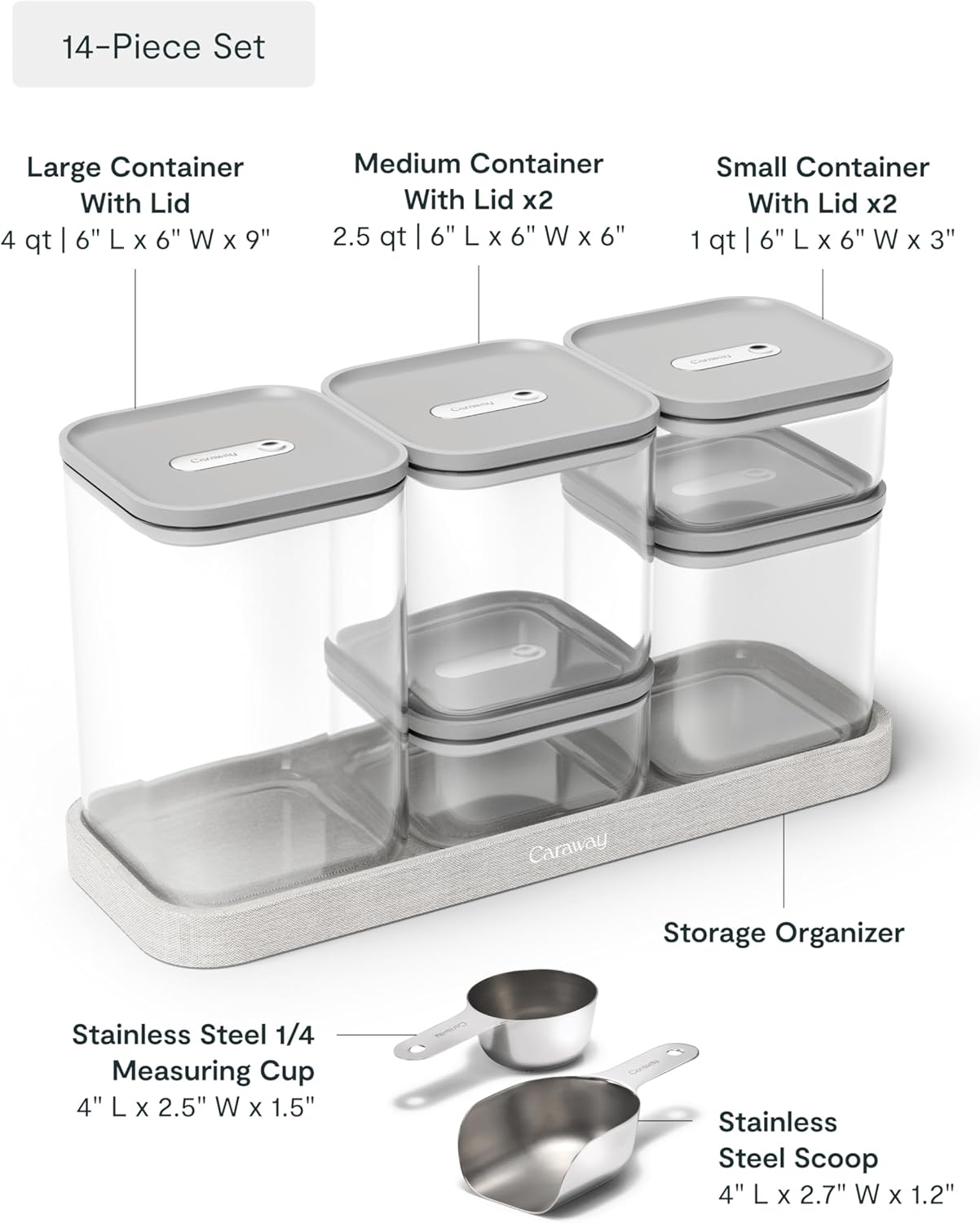 Caraway 13-Piece Glass Airtight Food Storage Containers with Lids – Non-Toxic, BPA-Free Kitchen Storage Containers – Stackable, Space-Saving Airtight Containers for Dry Goods and More - Gray