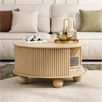 Round Coffee Table with Storage, 31.5" Natural Oak Fluted Drum Center Table, Scandi Japandi Wood Circle Table with Sliding Door & Bun Feet for Living Room