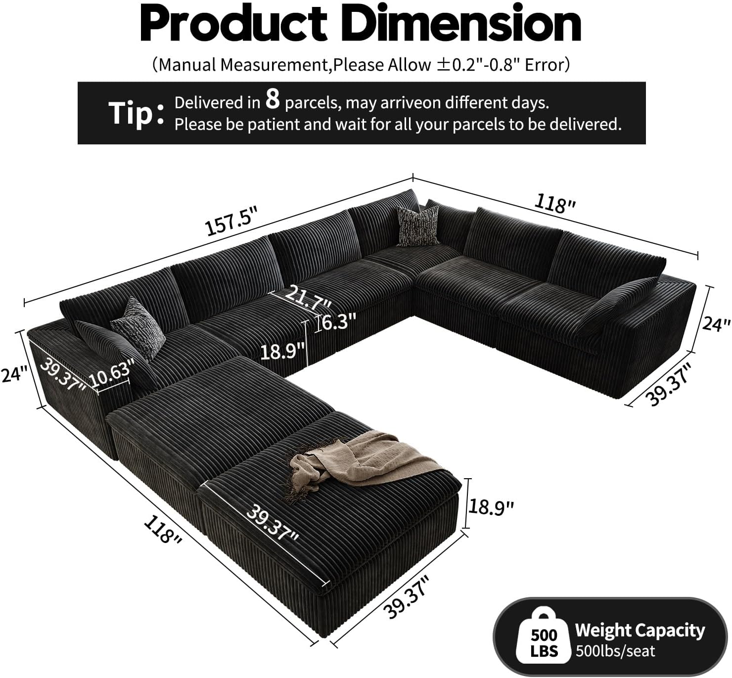 157.5" Cloud Couch Oversized Modular Sectional Sofa for Living Room,Modern Sofa with Deep Seat .8 Seater Boneless Couch with 2 Ottoman,Comfy Upholstered Couches for Apartment, Studio, Office,Black