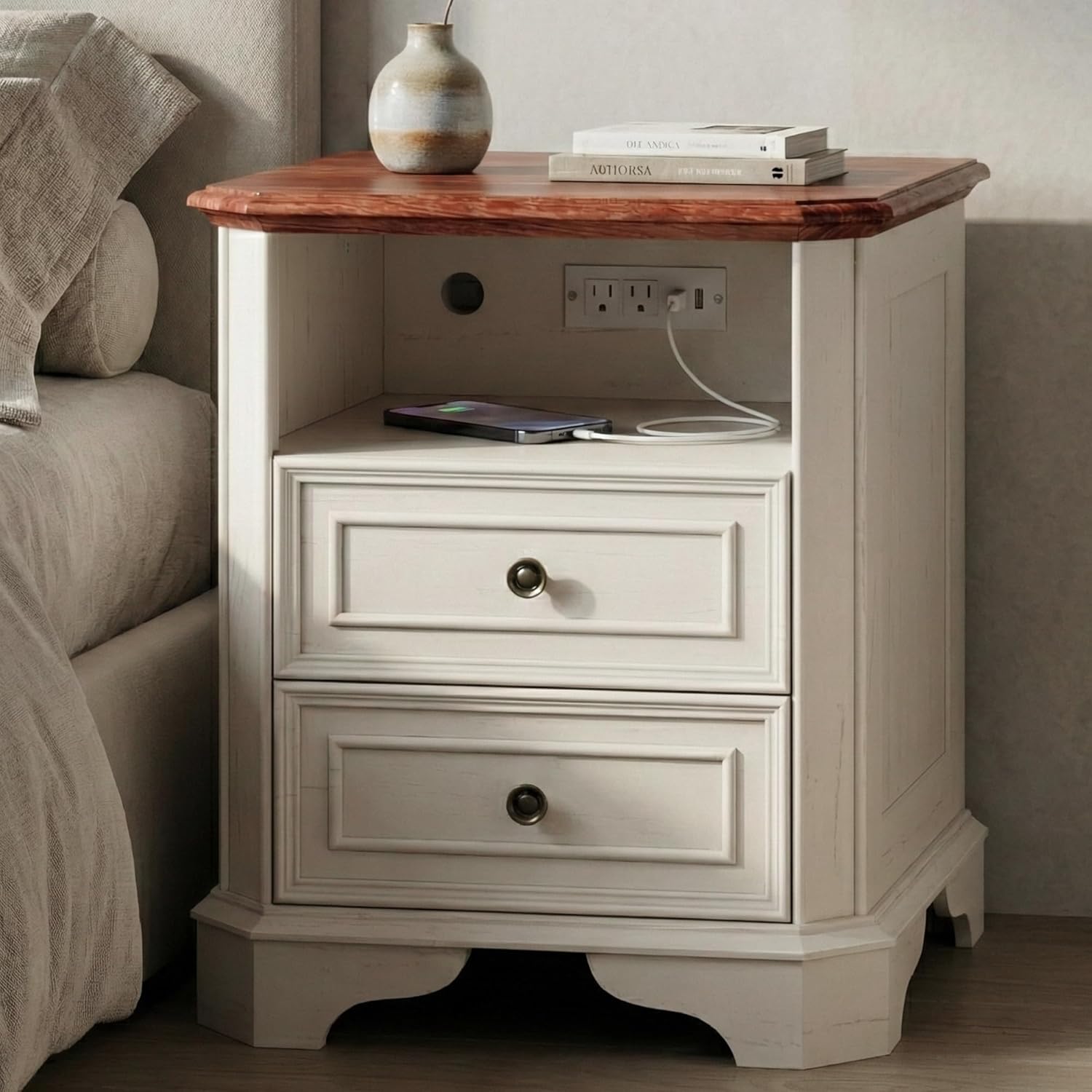 24" White Nightstand with Charging Station, Set of 2 Modern Farmhouse Bedside Table with 2 Drawers and Open Shelf, Traditional Wood End Table with Outlets and USB Ports