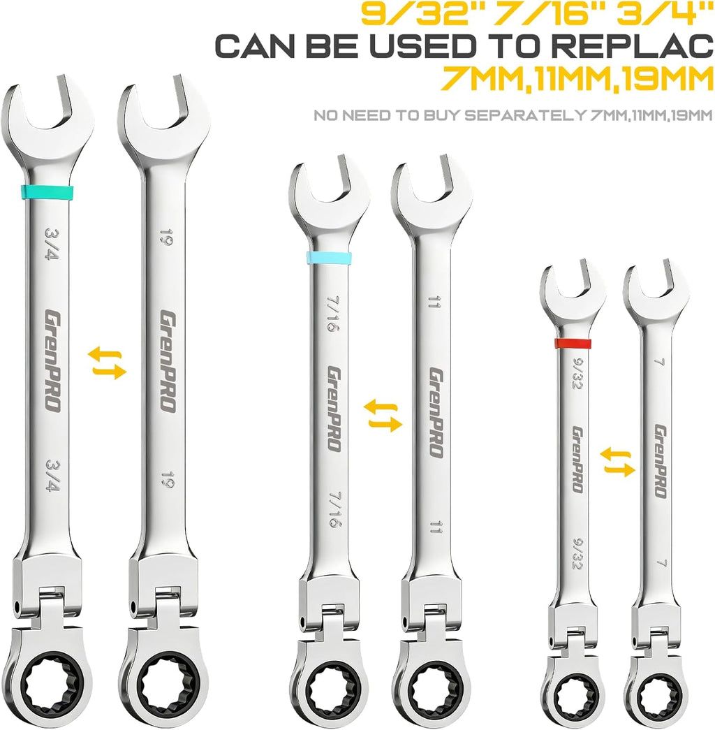 GRENPRO Ratchet Wrenches Set, 23PC Flex Head Ratcheting Wrench Set Metric and Standard & SAE, 6-18mm & 1/4" to 3/4" with Color Ring, CRV Open End Tool Organizer Pouch, Combination Ratchet Wrench Sets