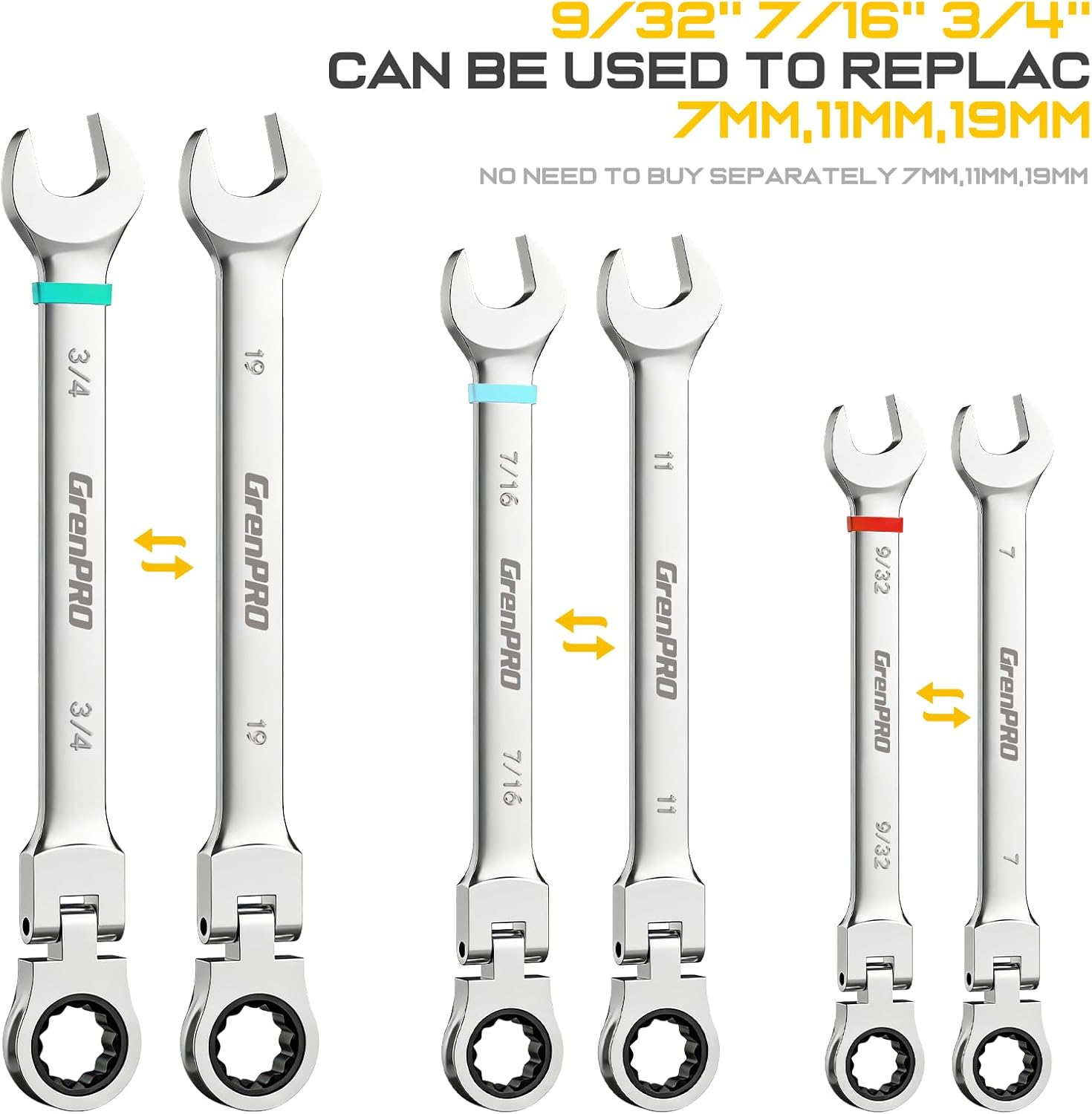 GRENPRO Ratchet Wrenches Set, 23PC Flex Head Ratcheting Wrench Set Metric and Standard & SAE, 6-18mm & 1/4" to 3/4" with Color Ring, CRV Open End Tool Organizer Pouch, Combination Ratchet Wrench Sets