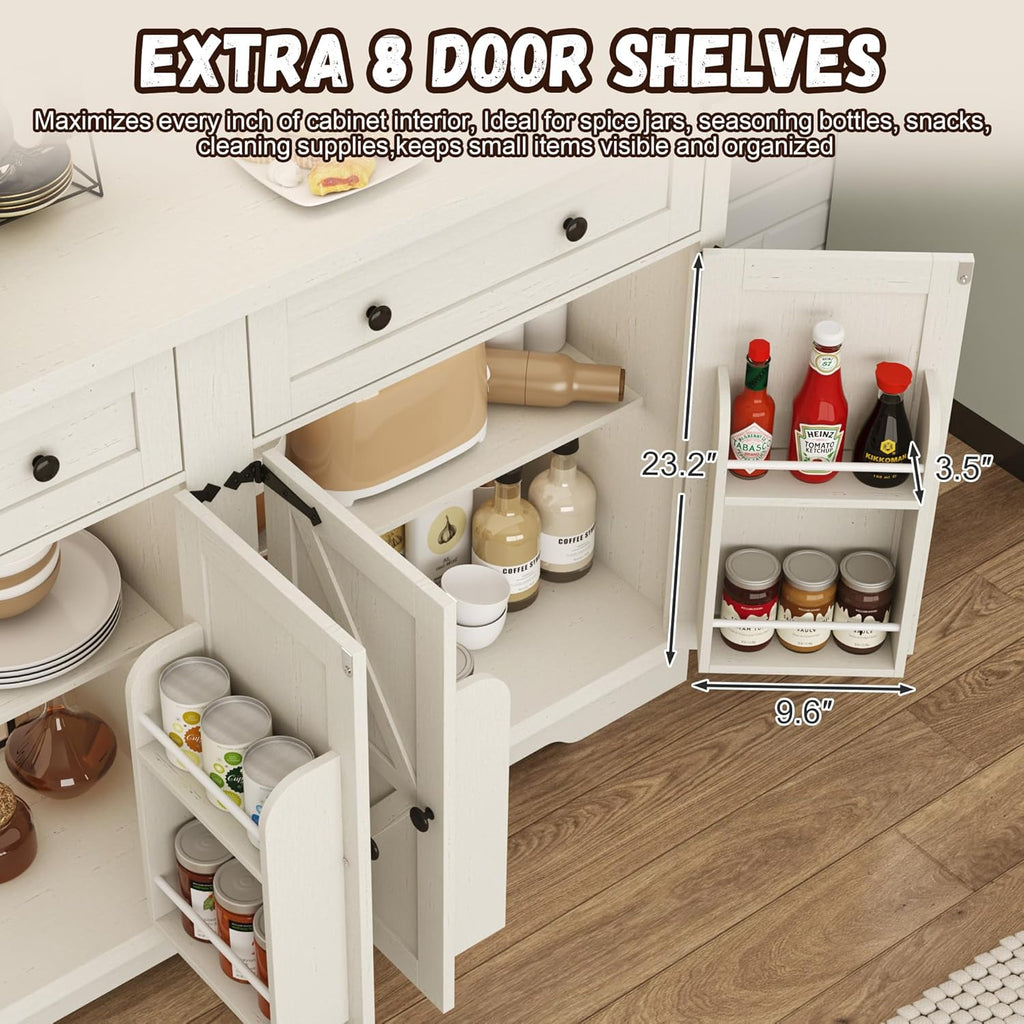 71" Tall Large Pantry Storage Cabinet w/Power Outlet,55" Wide Farmhouse Kitchen Hutch Storage Cabinet w/Barn Doors,2 Drawer,Large Countertop,LED Light,Rustic Coffee Bar,6 Hooks,8 Doors Shelves