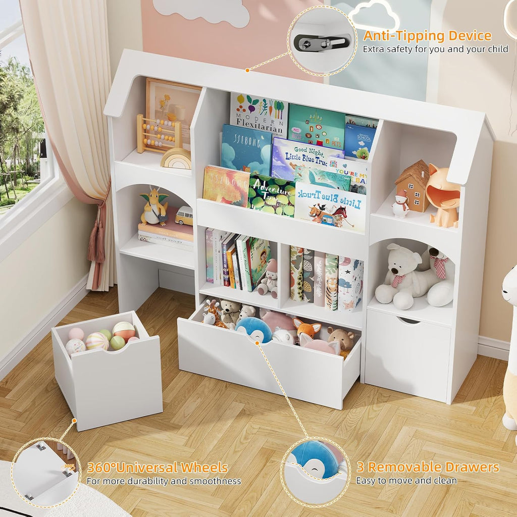 Kids Bookshelf with Toy Storage, Castle-Shaped Bookshelf with 3 Movable Drawers and LED Lights, Toy Storage Organizer with 3-Tier Book Rack for Kids Room, Playroom, Nursery