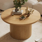 MAISONARIA Round Coffee Table with Metal Frame, 35" Coffee Tables for Living Room, Circle Wood Accent Center Table for Apartment, Oak