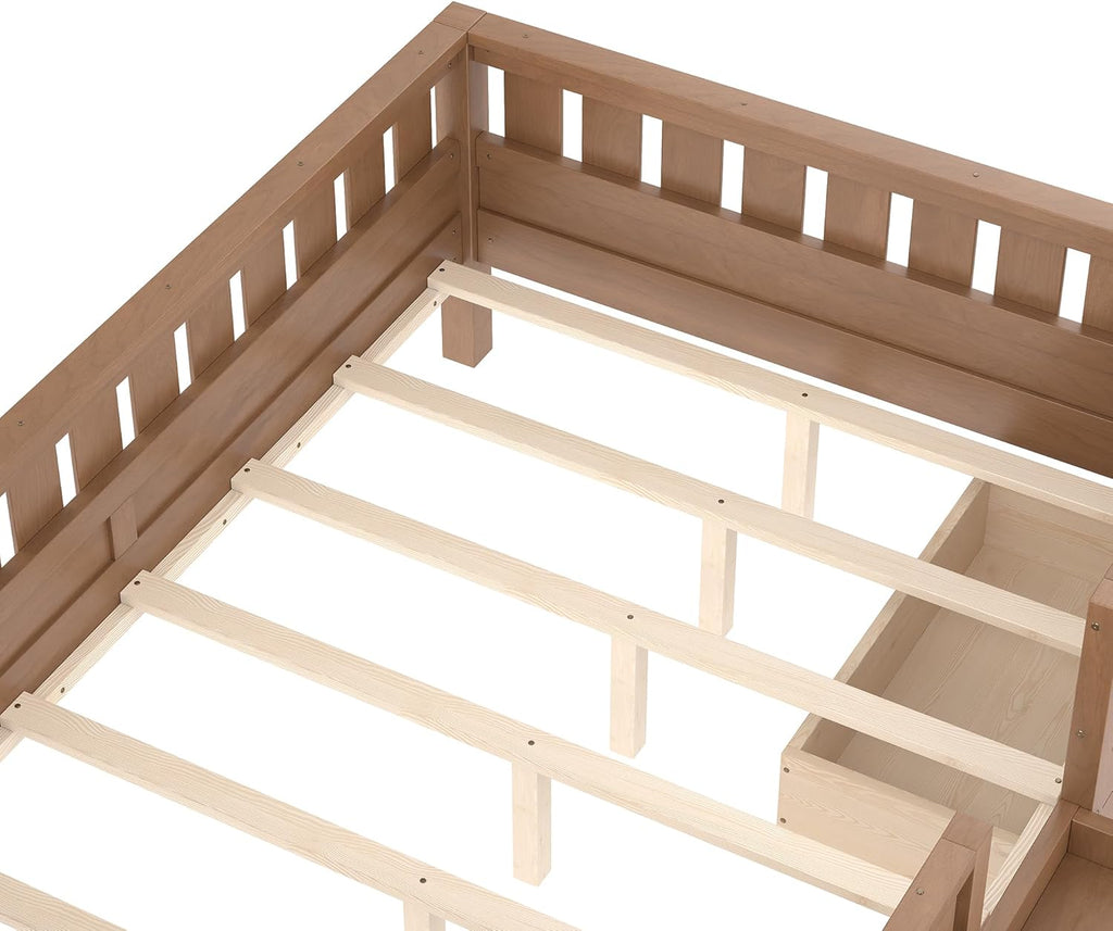 Bellemave Full Size Bed with Slats and Stairs, Full Size Platform Bed Frame with Fence, Bookshelf and Storage Drawers, Easy Assemble Beds for Kids, Girls, Boys, Natural