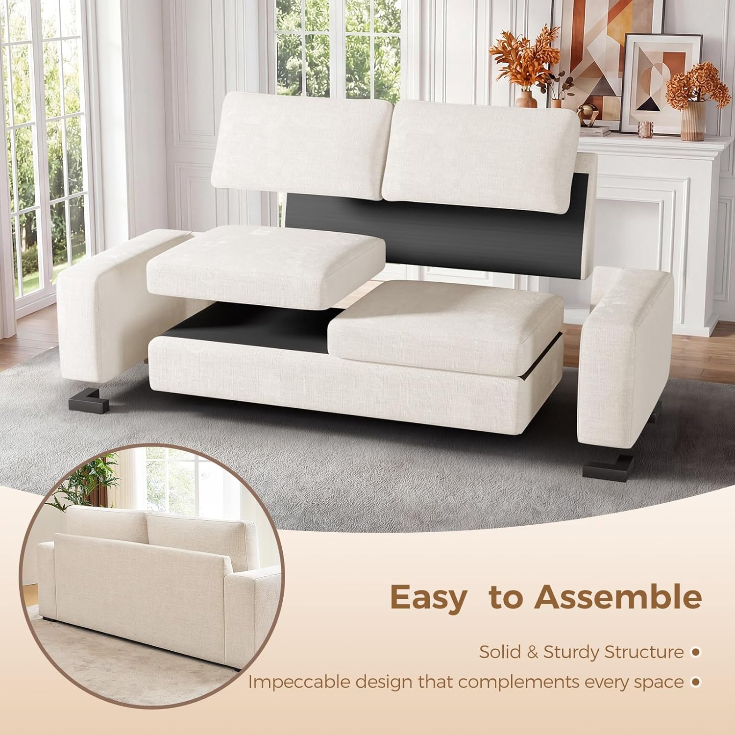 ELUCHANG 85" Modern Sofa Couches for Living Room, 3 Seater Sofa, Natural Linen Deep Seat Sofa with Upholstered Cushion&Detachable Cover, Comfy Sofa Couch for Small Space, Apartment, Beige