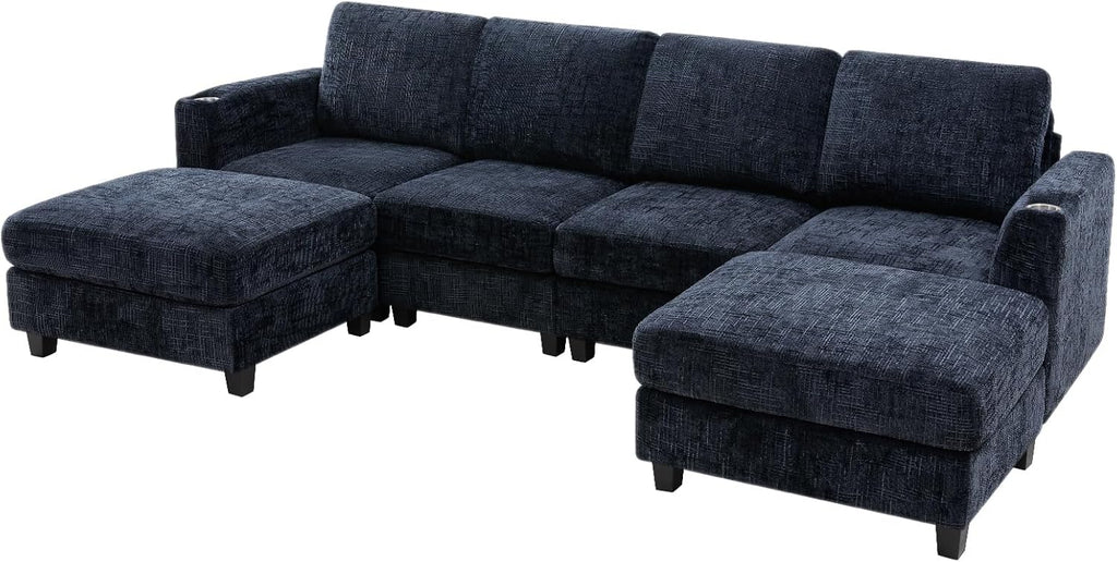 110" Chenille U-Shape Sofa with Flexible Ottomans, Comfy Sectional Sofa with 2 Built-in Cup Holders, Convertible 4 Seats Couch with Well-Filled Back Cushions for Living Room, House, Blue