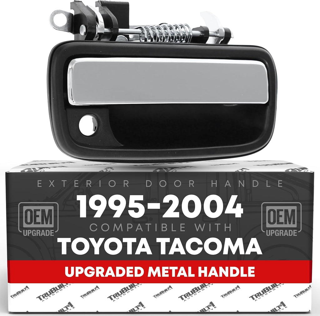 Exterior Front Passenger Door Handle Replacement, Upgraded Metal & Plastic Housing - Compatible with 1995-2004 Toyota Tacoma - Chrome Handle, Black Housing w/Keyhole - OEM 69210-35030