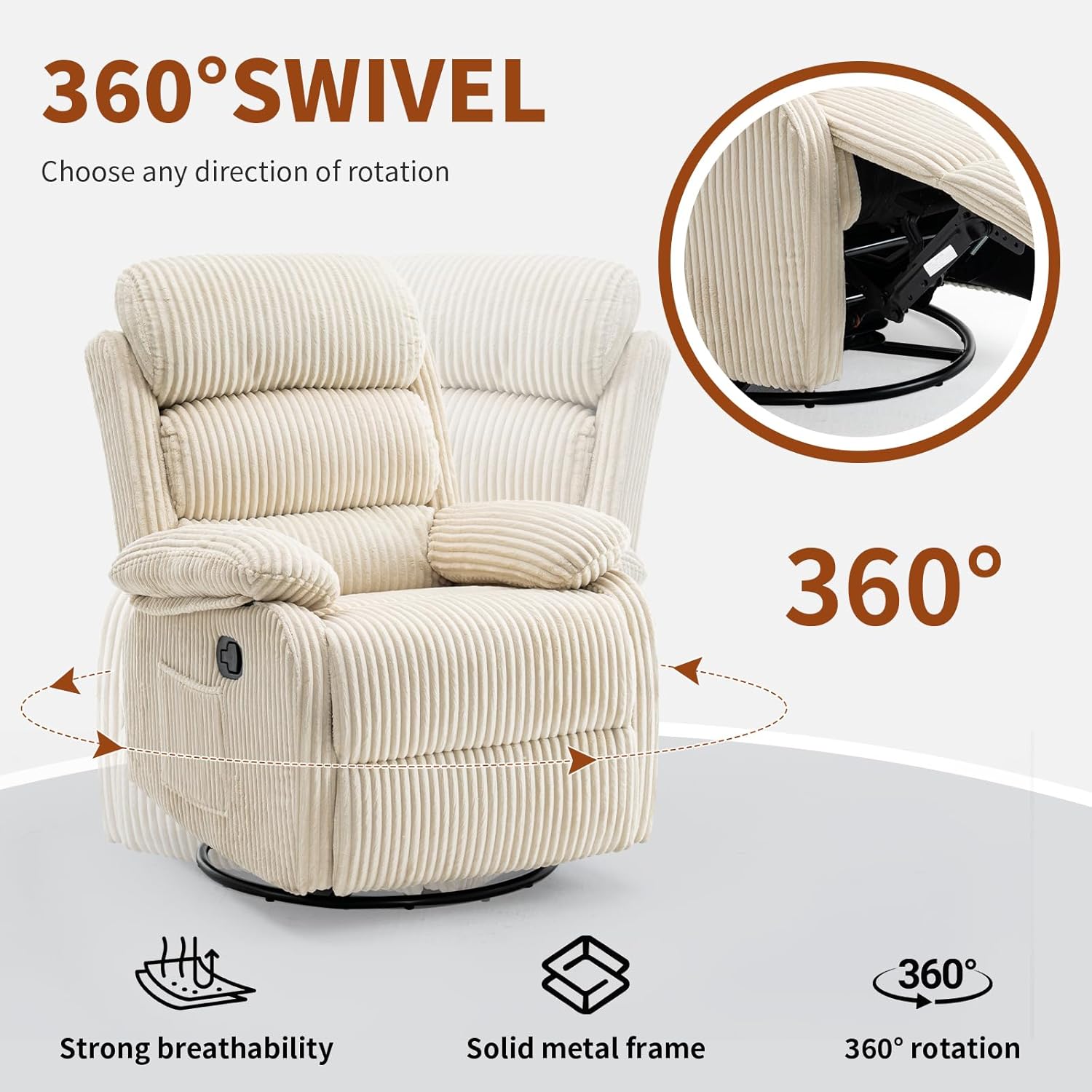 Adult 360° Rocking Recliner Chair .Nursery Rocker Reclining Chair with Side Pocket, a Comfy upholstered Single Sofa Armchair. Suitable for Living Room, Bedroom Nursing use, Velvet Fabric in Beige