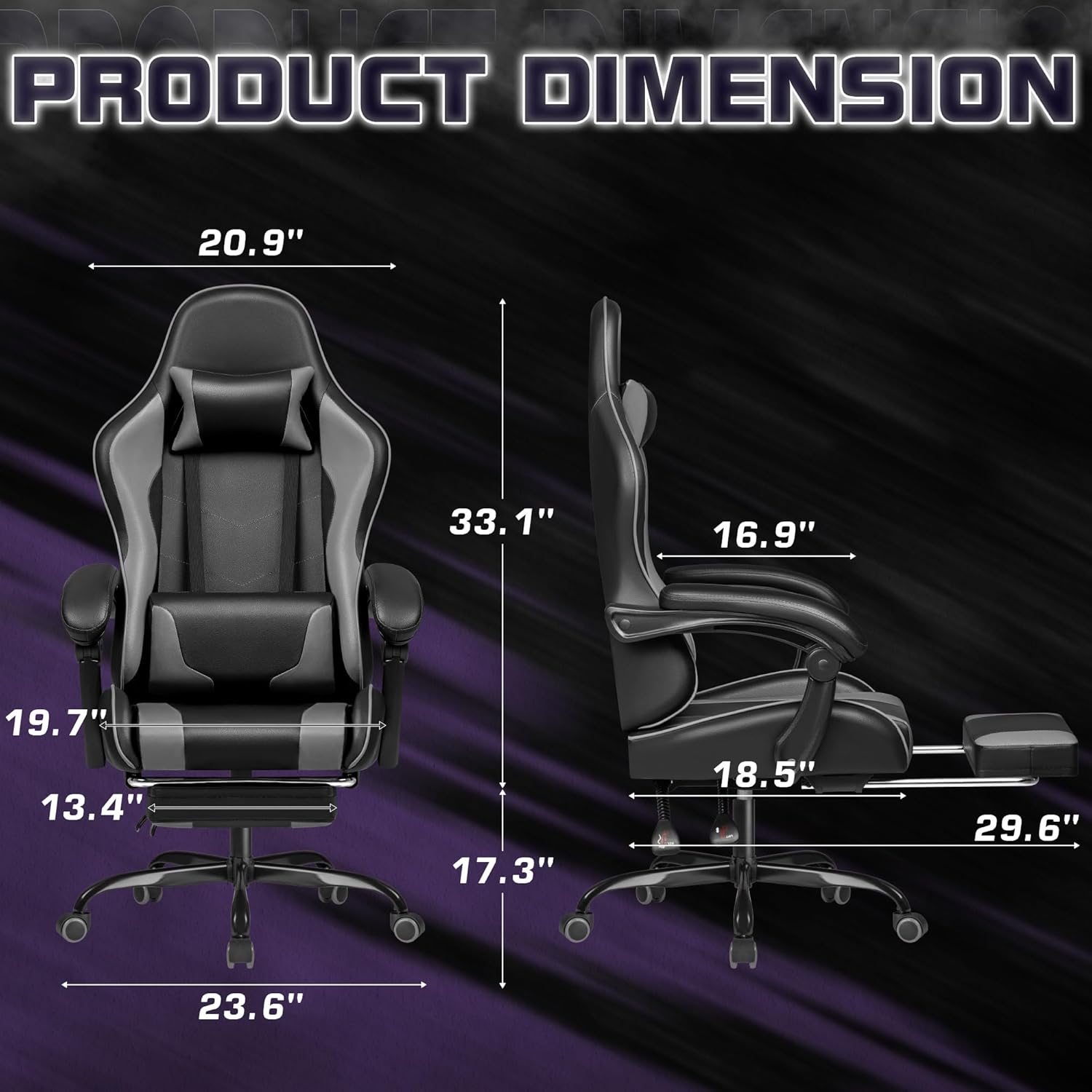Homall Gaming Chair, Video Game Chair with Footrest and Massage Lumbar Support, Ergonomic Computer Chair Height Adjustable with Swivel Seat and Headrest (Grey)