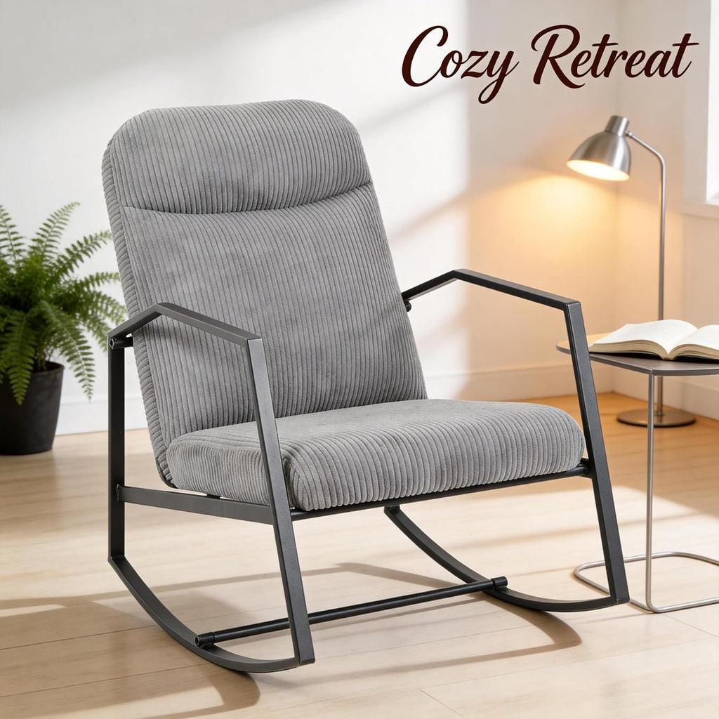 Kinfant Mid Century Modern Rocking Chair, Corduroy Upholstered Accent Chair with Metal Frame, High Back Nursery Glider Rocker, Comfy Reading Lounge Chair for Living Room Bedroom Small Space (Grey)