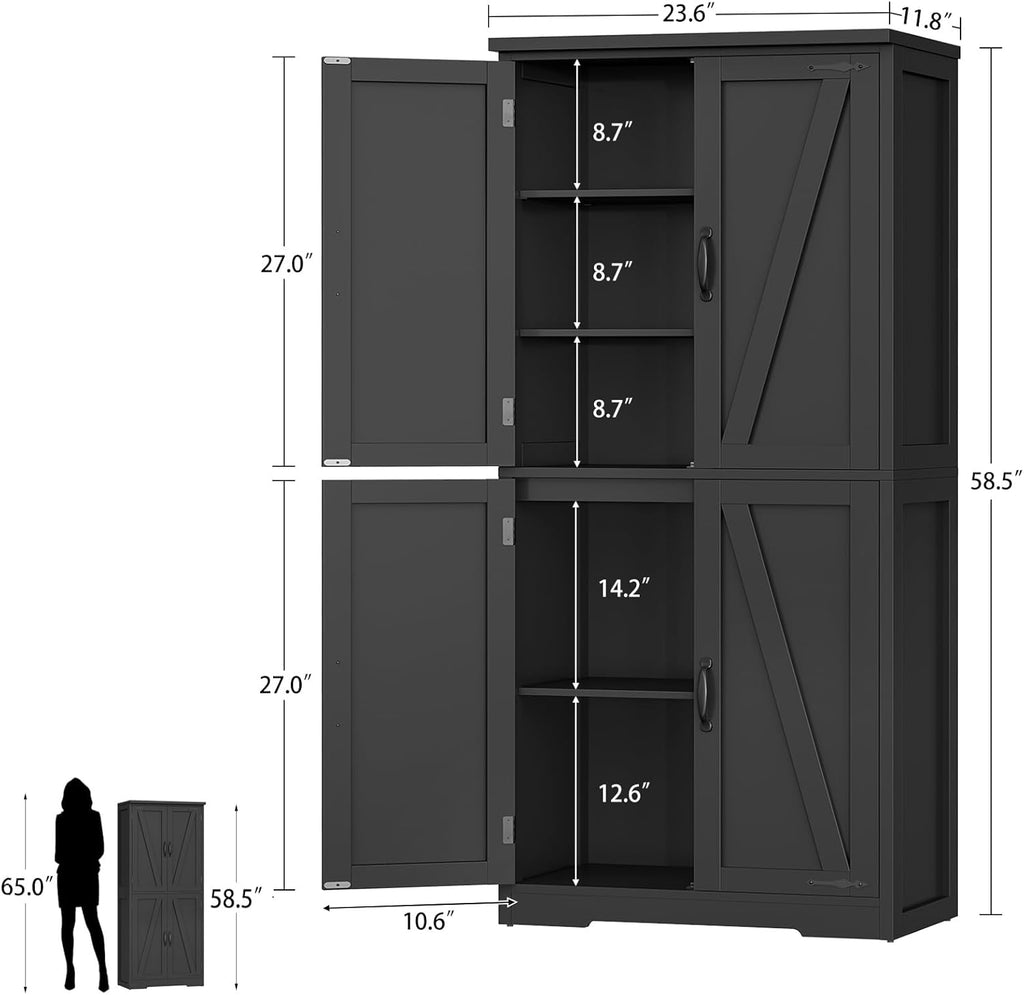 TEENFON 58" H Storage Cabinet with Adjustable Shelf, Kitchen Cabinet with 4 Doors, Farmhouse Pantry Cabinets, Cupboard for Kitchen, Bathroom, Living Room, Black