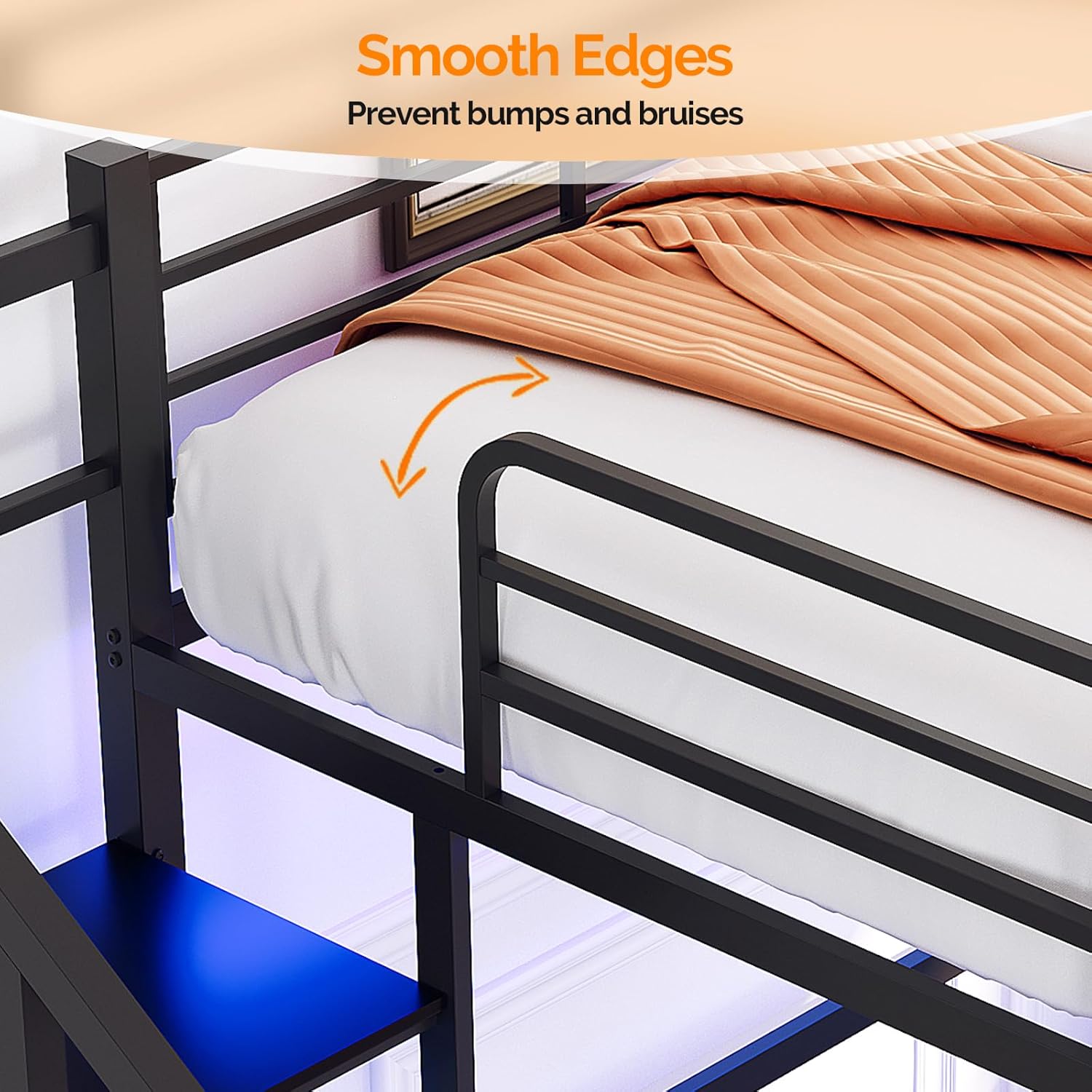 VINGLI Twin Loft Bed with Desk,15'' Extra High Safety Guardrail with 2 Charging Station,Heavy Duty Metal Loft Bed Frame with Staircase,LED Light, Kids/Teens/Adults,Black