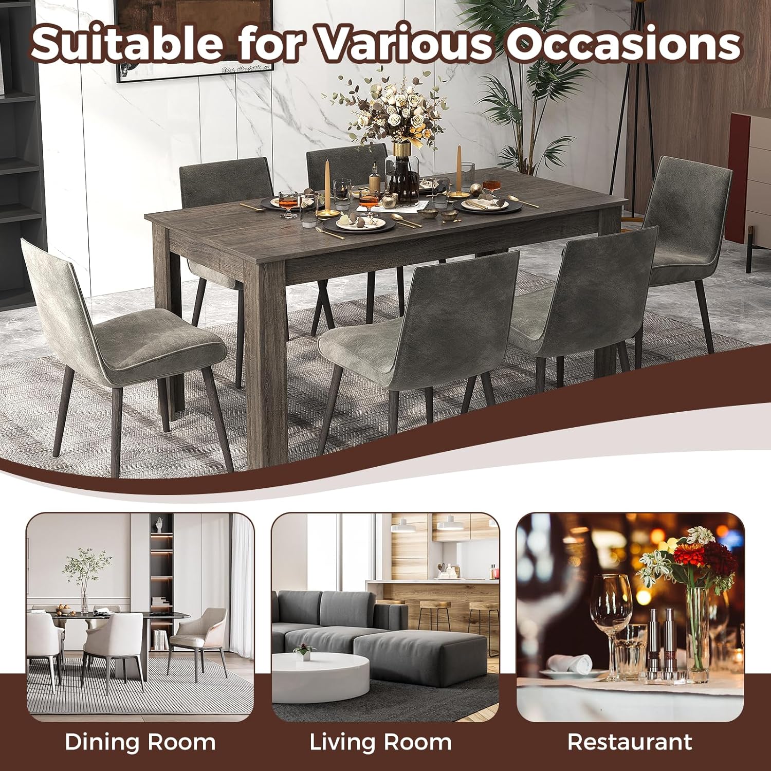 COSTWAY 63' Rectangular Dining Table for 4-6 People, Modern Farmhouse Dinette Table with Large Computer Workstation, Grey