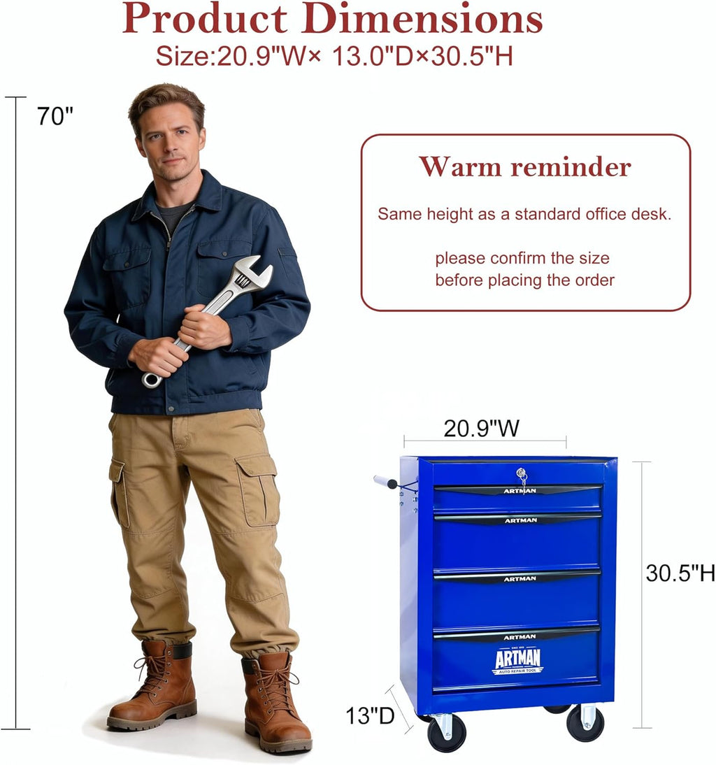 RYH 4 Drawers Rolling Tool Chest - 13" D x 20.9" W x 30.5" H Heavy Duty Mobile Tool Cart with Locking Wheels & Ball Bearing Drawers, Garage Tool Storage Cabinet (Blue, 4 Drawers)
