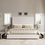Queen Size Bed Frame 54" Tall Headboard with Gorgeous Button Tufted and Nail, Velvet Fabric Upholstered Bed Frame includes 4 Under-bed Storage Drawers, Wooden Slats, Noise-Free, Easy Assembly, Beige