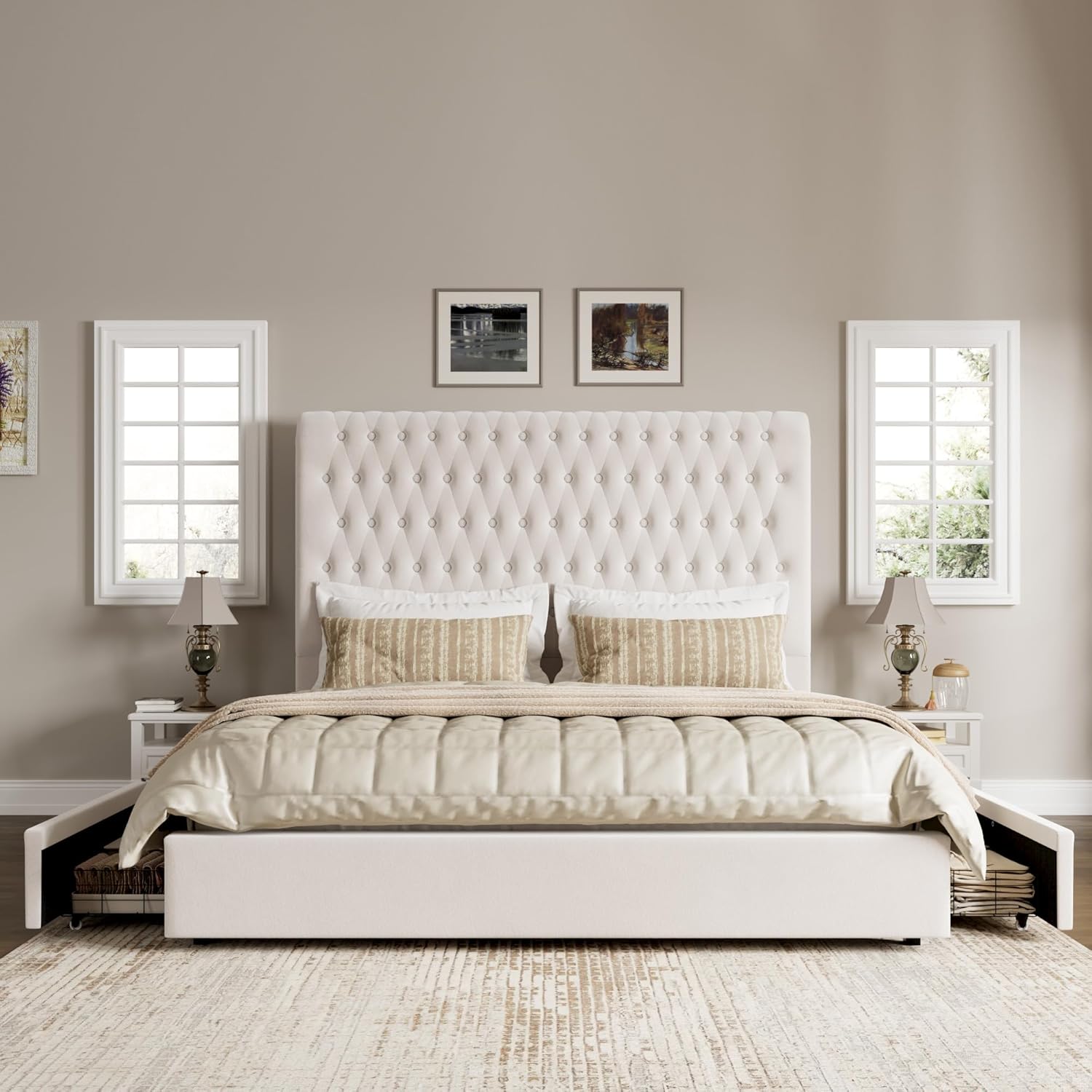 Queen Size Bed Frame 54" Tall Headboard with Gorgeous Button Tufted and Nail, Velvet Fabric Upholstered Bed Frame includes 4 Under-bed Storage Drawers, Wooden Slats, Noise-Free, Easy Assembly, Beige