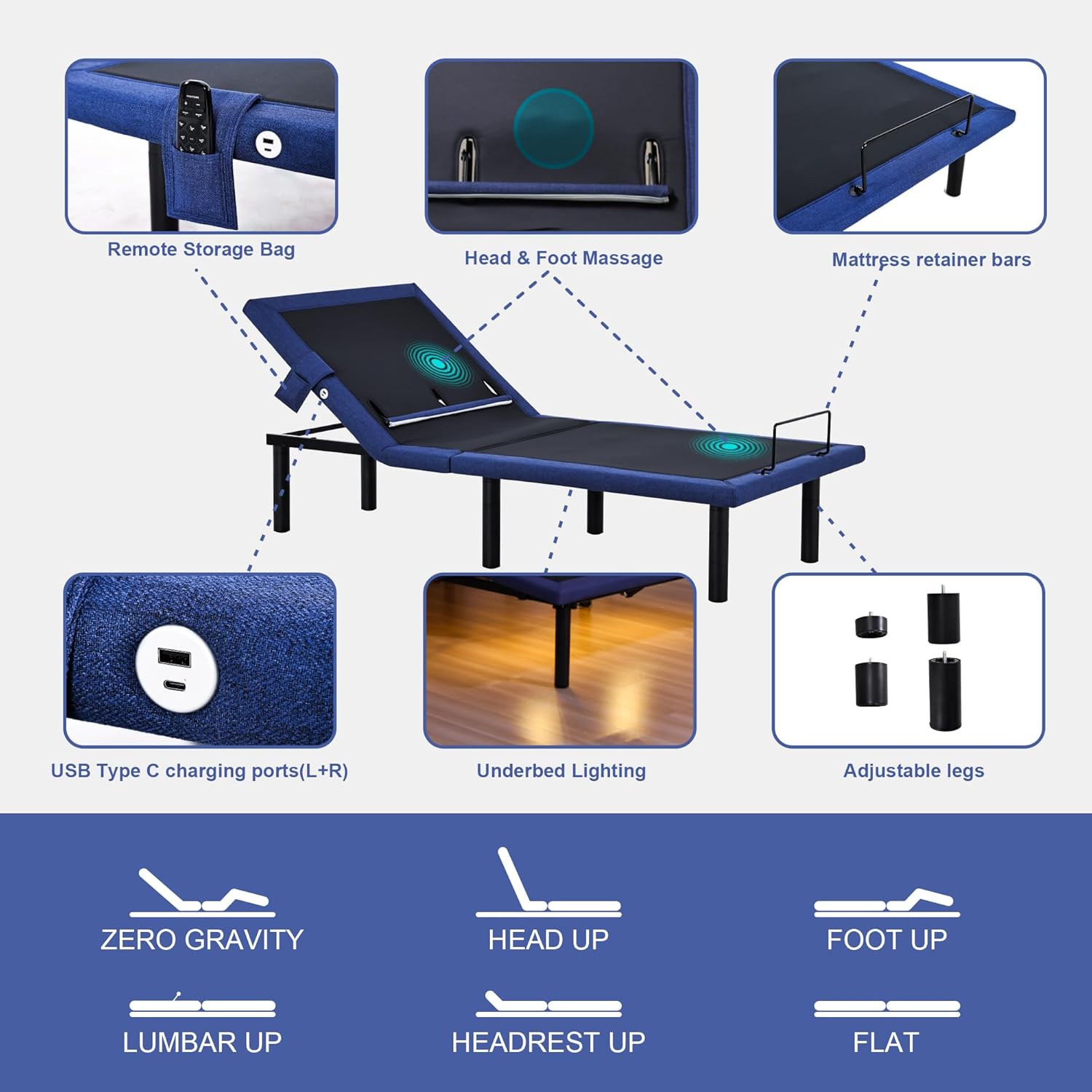 Fromann Adjustable Twin XL Bed Base Frame with Head and Foot Lift, Lumbar Support, Massage, Under-Bed Lights,Left Right USB+C, Memory Positions, Zero Gravity
