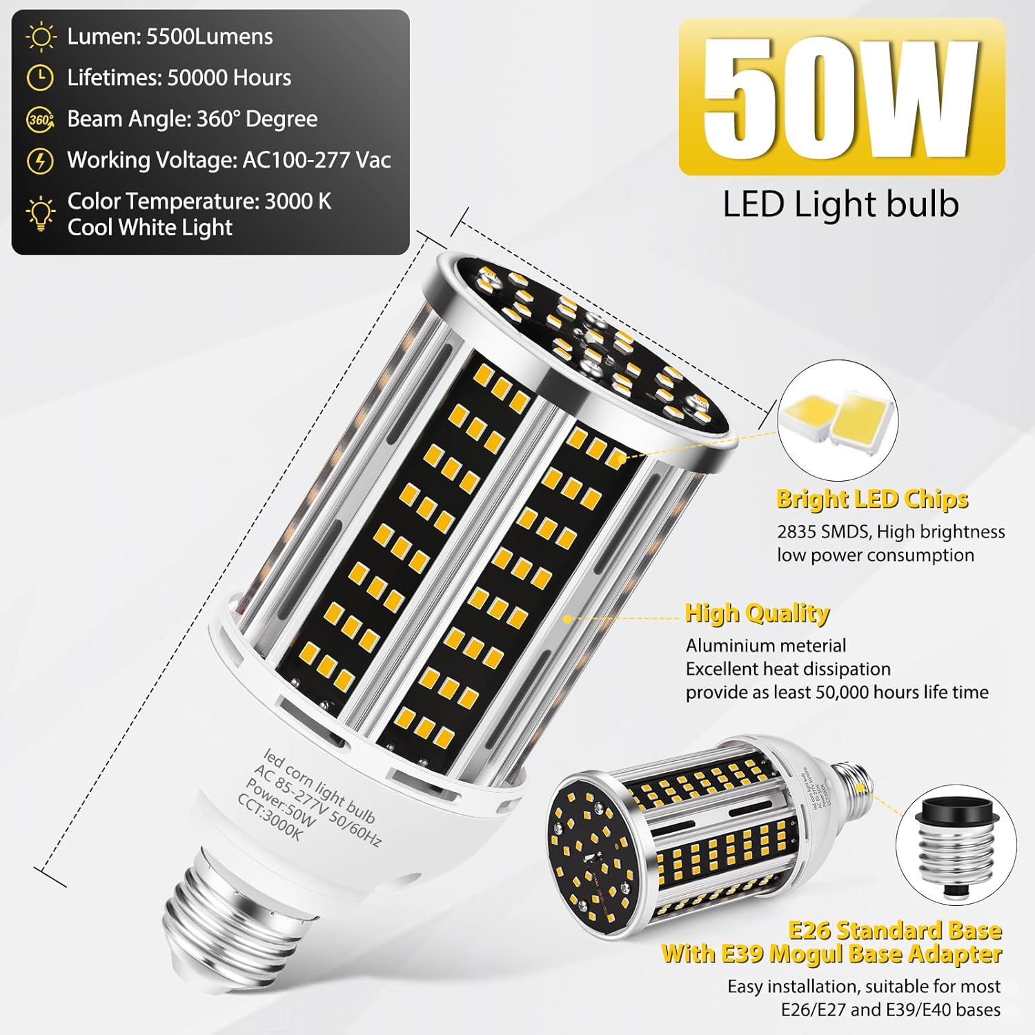 50W 6 pack LED Corn Light Bulb,3000K Warm White 6500LM(500W Equivalent ) Commercial GradeE26/E39 Medium Mogul Base LED Lamp,Large Area Lights For Outdoor Indoor Garage Warehouse Factory Bay Light