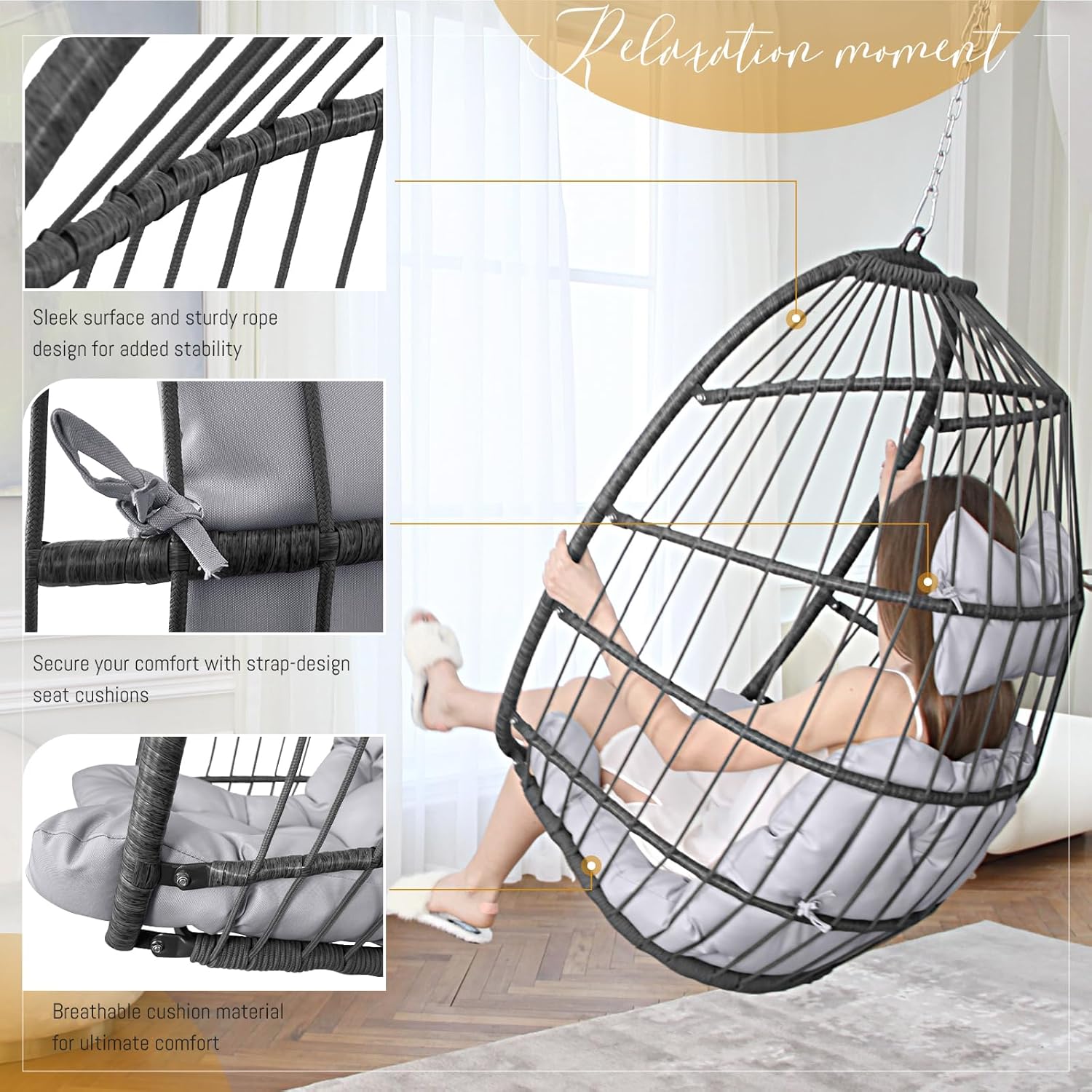 BULEXYARD Hanging Egg Chair Without Stand, 350 Lbs Foldable Wicker Rattan Swing Chair with Comfy Cushion, Outdoor Relaxing Hammock for Bedroom Patio Backyard Balcony Ceiling Tree Mount, Light Grey
