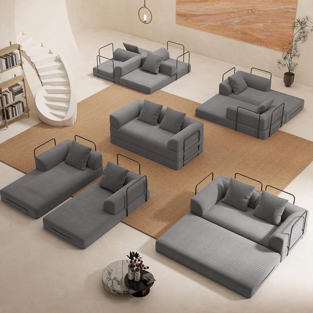 Cloud Boneless Convertible Floor Sofa Bed, 70" 4-in-1 Foldable Compressed Loveseat Lounge Sleeper 2 Seater Couches, High-Density Sponge & Corduroy Fabric Futon Daybed for Living Room Bedroom(Gray)