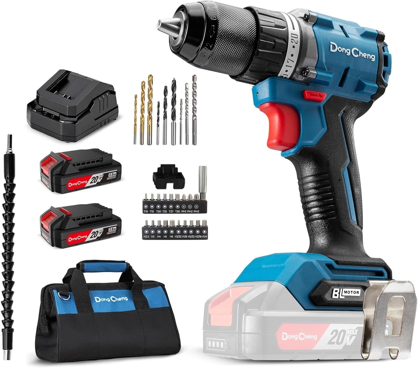 Dong Cheng 20V Brushless Heavy-duty Impact Drill, 531in-lbs, 1/2" Keyless Metal Chuck, 20+1+1 Clutch, Cordless Hammer Drill with 2 * 2.0Ah Battery Kit for Drilling Brick Wall, Metal, Wood