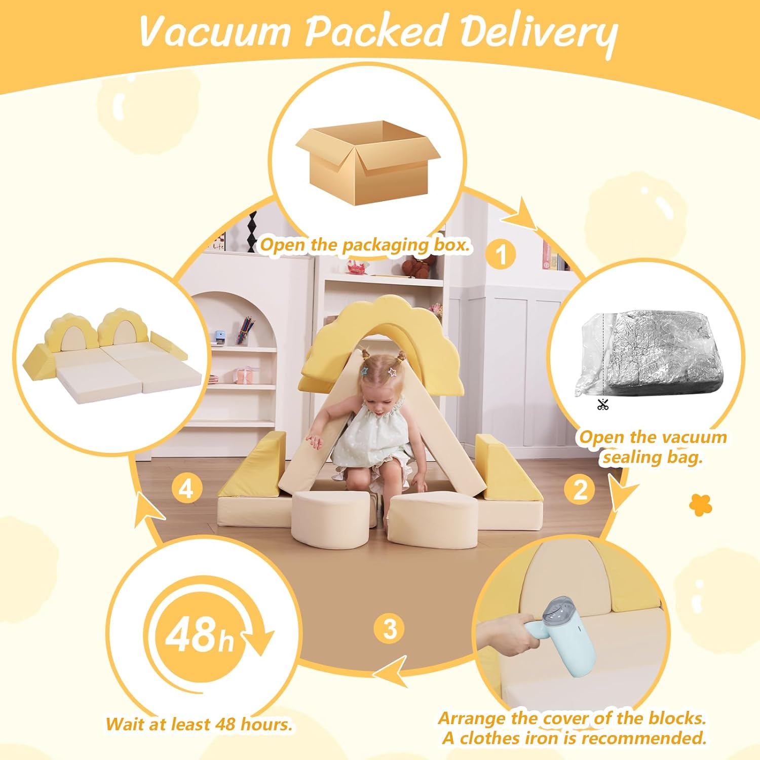 LOAOL Kids Couch 10PCS, Modular Kids Play Couch, Multifunctional Foam Toddler Sofa, Imaginative Convertible Play Sofa for Playroom(Medium Size, Yellow+Beige)