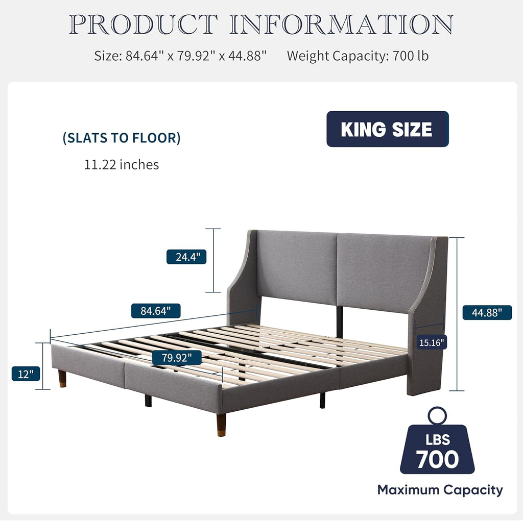 King Size Upholstered Platform Bed Frame with Wingback Headboard, Linen Fabric & Wooden Slats Support, Modern Golden PVC Material Edge for Bedroom,No Box Spring Needed, Easy to Assemble, Grey