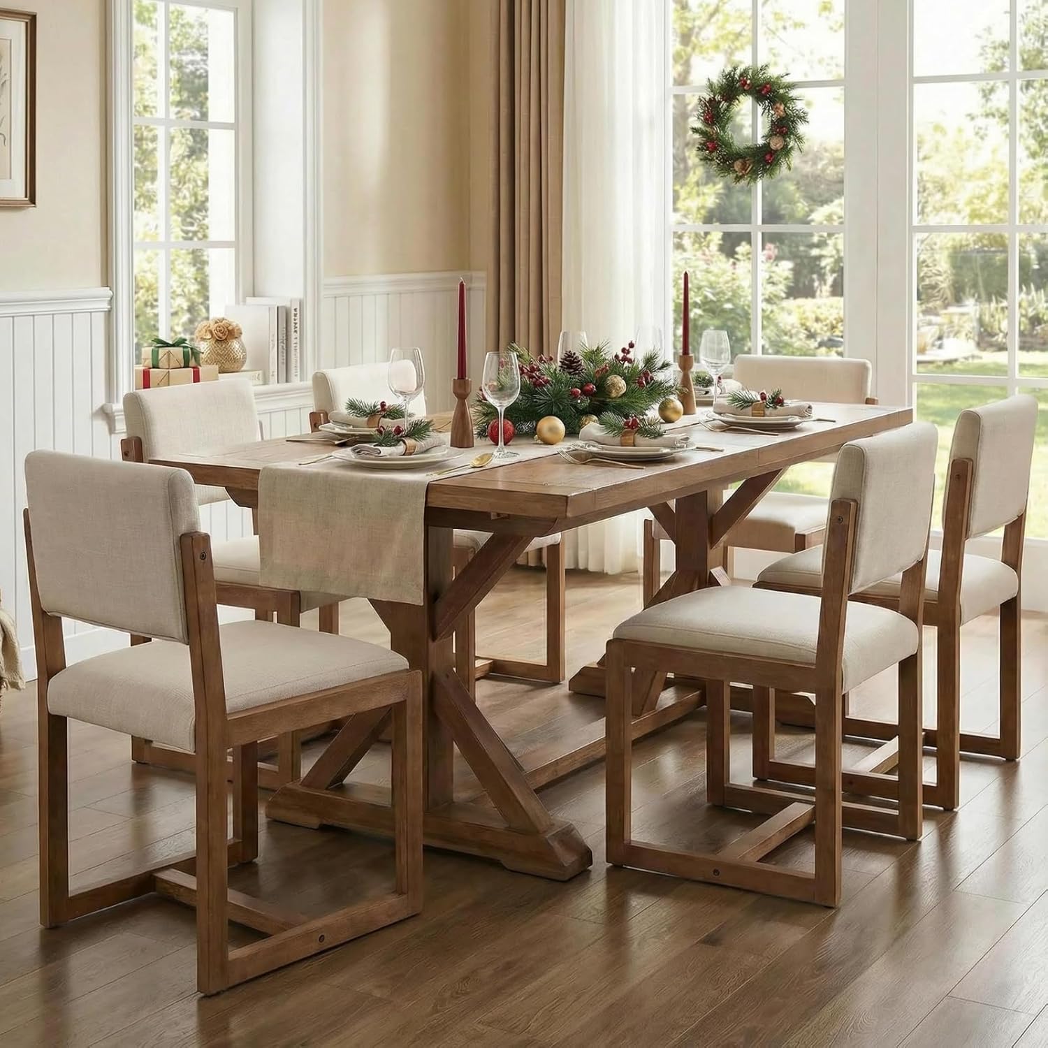 DUOMAY Upholstered Dining Chairs Set of 2, Mid-Century Modern Dining Room Chairs, Linen Fabric Kitchen Side Chairs with Wood Legs, Beige