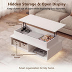 YSHOMY 40" Lift Top Coffee Table with Hidden Storage & Multi-Color LED Lights, Modern Square Wood Table with 4 Open Shelves for Living Room and Small Space, White Grain