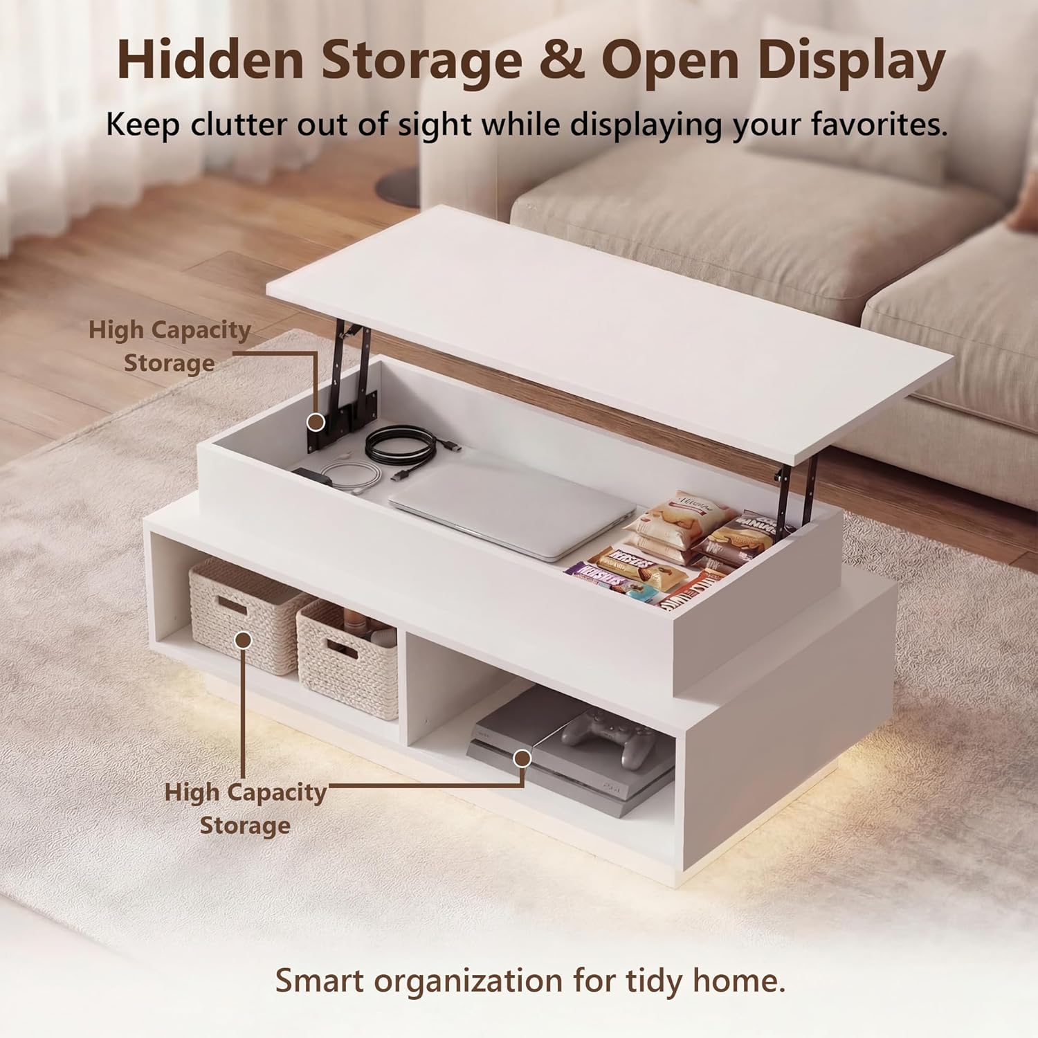 YSHOMY 40" Lift Top Coffee Table with Hidden Storage & Multi-Color LED Lights, Modern Square Wood Table with 4 Open Shelves for Living Room and Small Space, White Grain